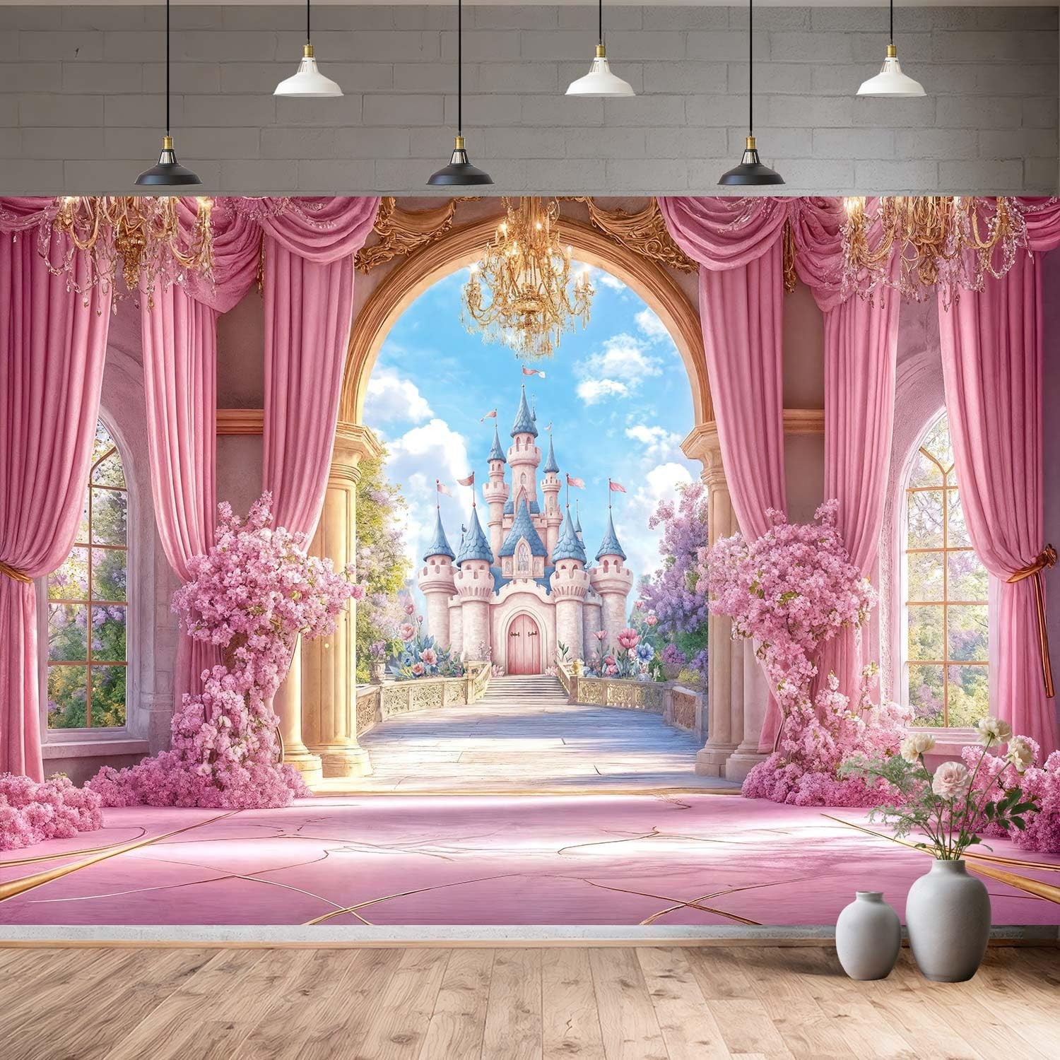 10X8ft Princess Castle Backdrop Pink Fairy Tale Wonderland Floral Arch Girls …