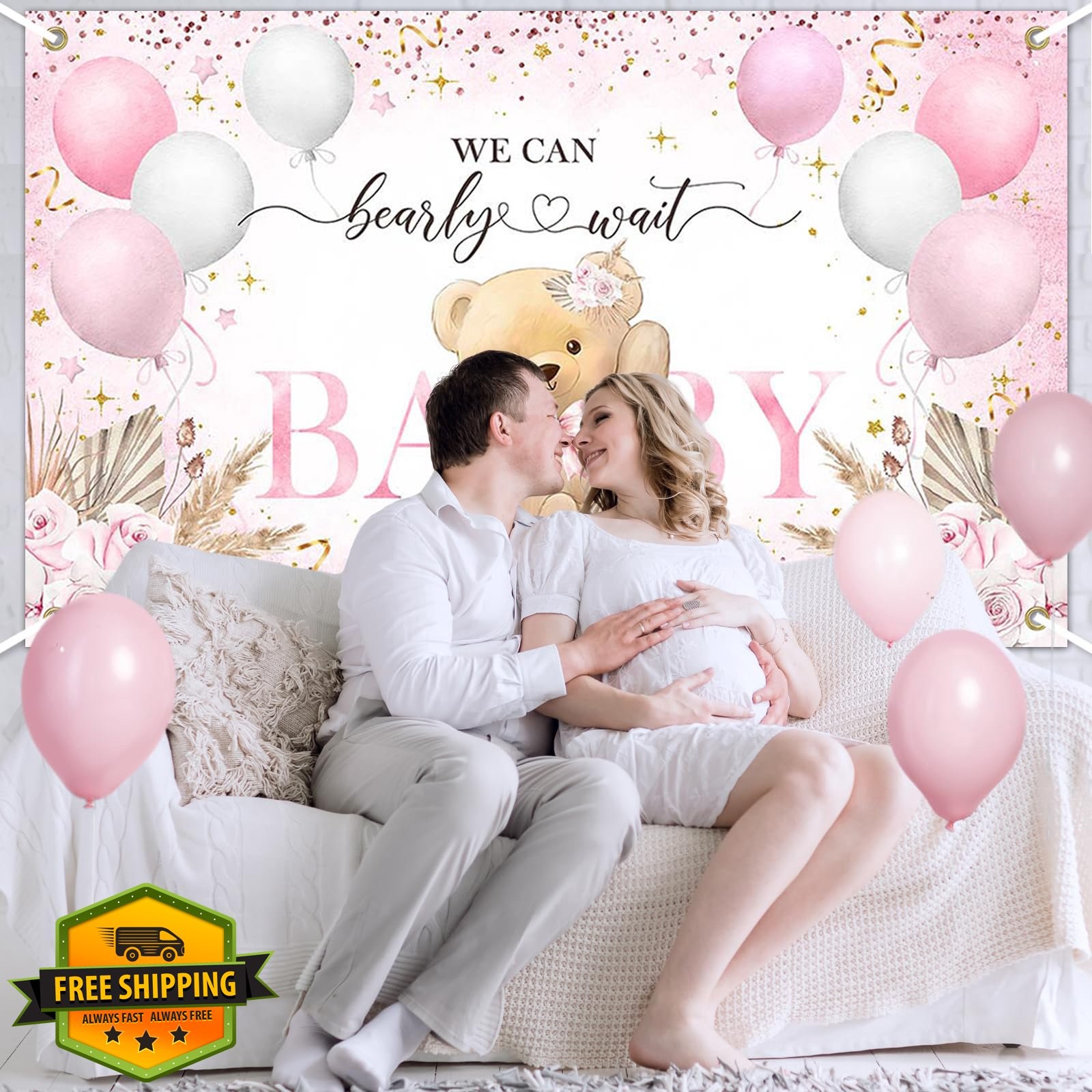 Lecheme Pink Bear Baby Shower Backdrop 6×3.6 ft