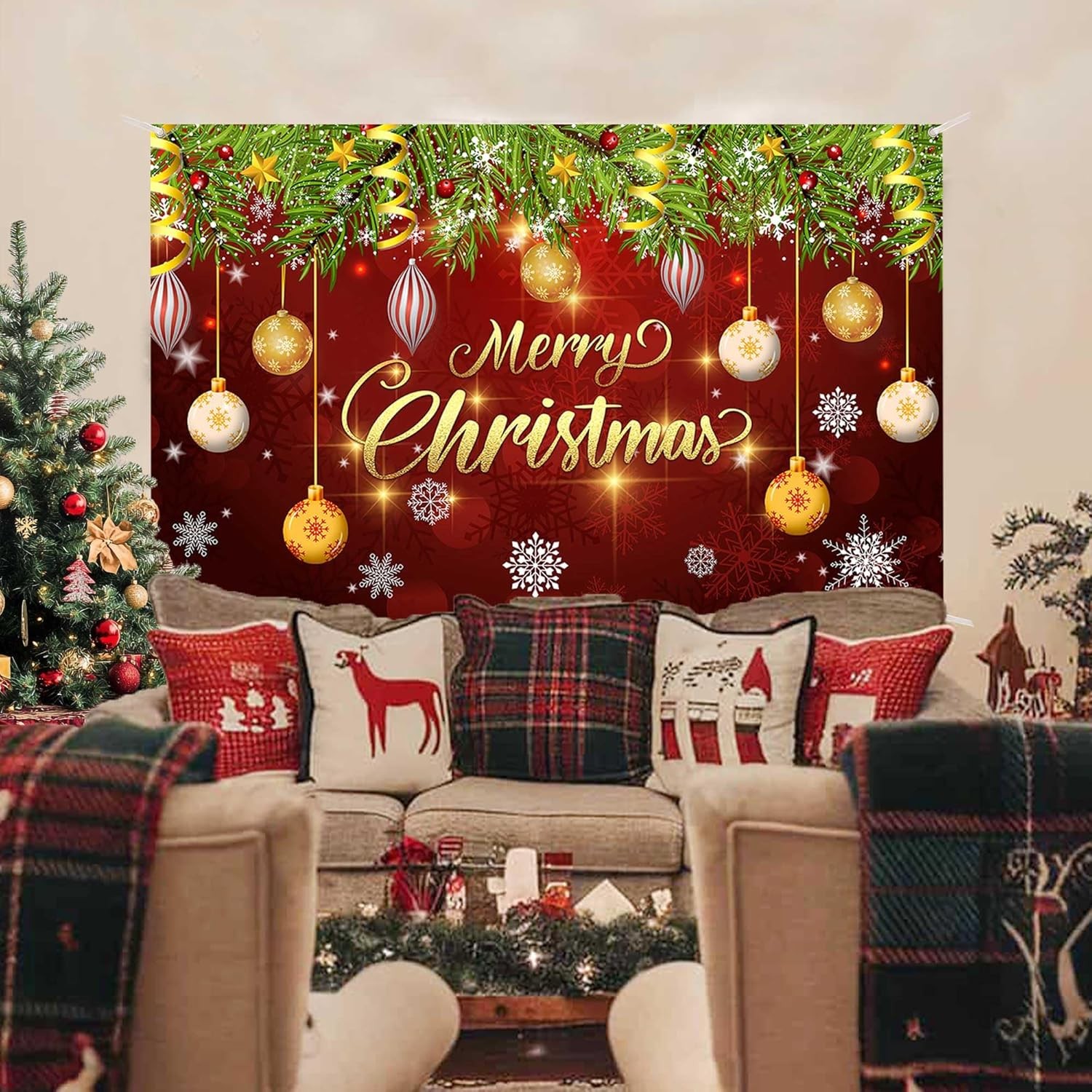 Merry Christmas Backdrop Xmas Tree Snowflake Banner, Winter New Year Design 2