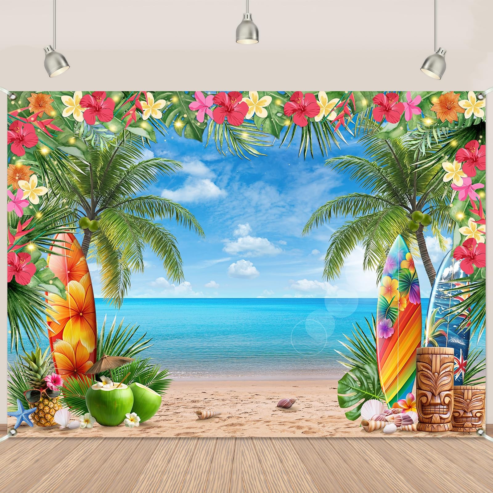 Summer Hawaiian Beach Backdrop 7x5Ft Tropical Flower Luau 7x5Ft, Blue