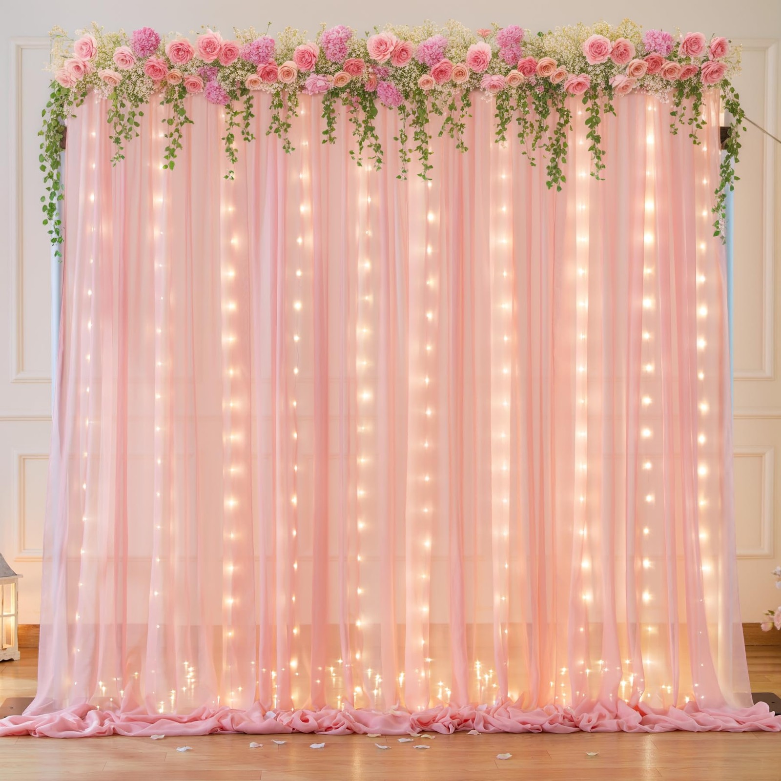 10x7FT Baby Pink Chiffon Backdrop Curtain Lights String Sheer Photo Decor
