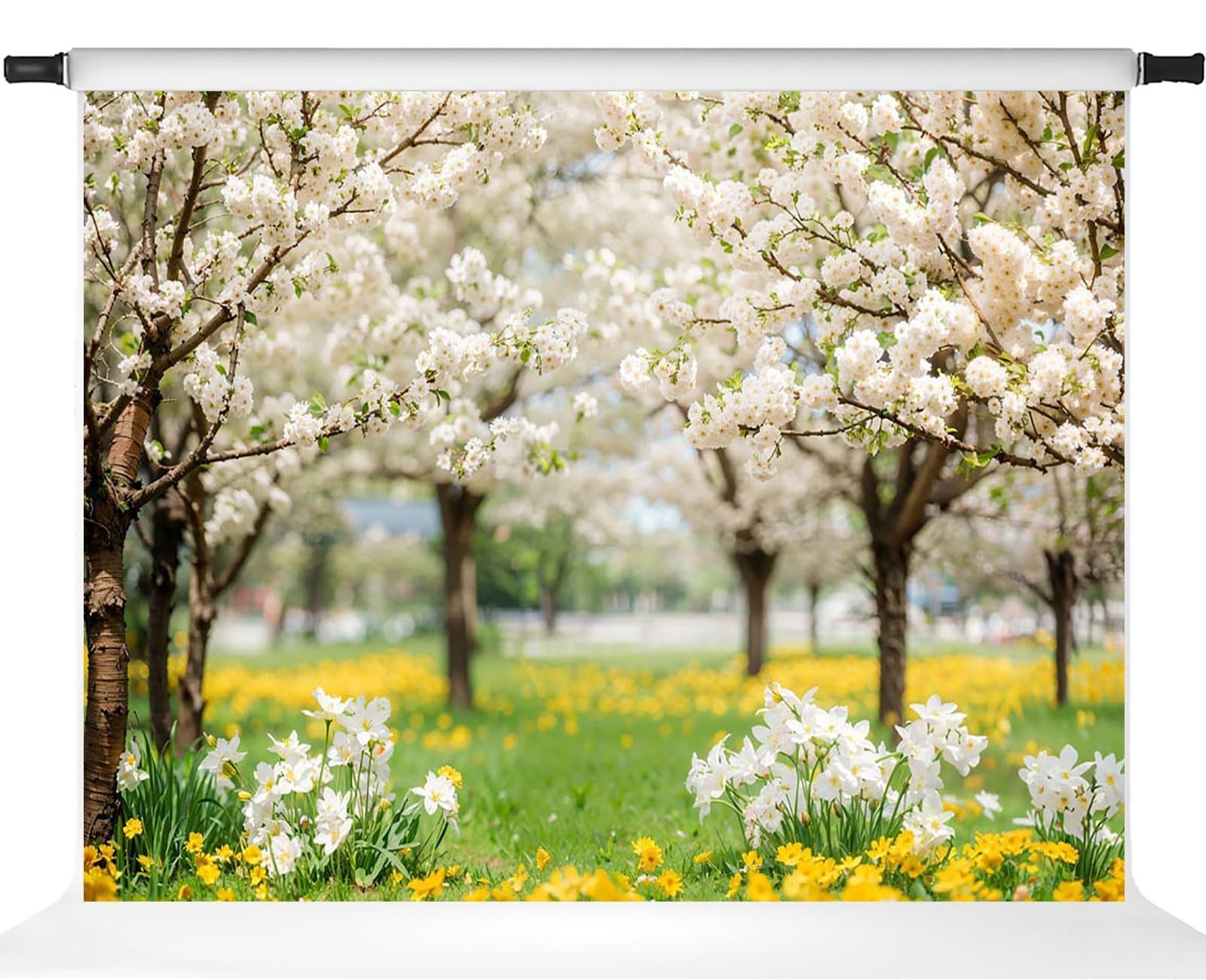 1 PCS Spring Backdrop White Sakura Green Grass Photography Props 10x8ft