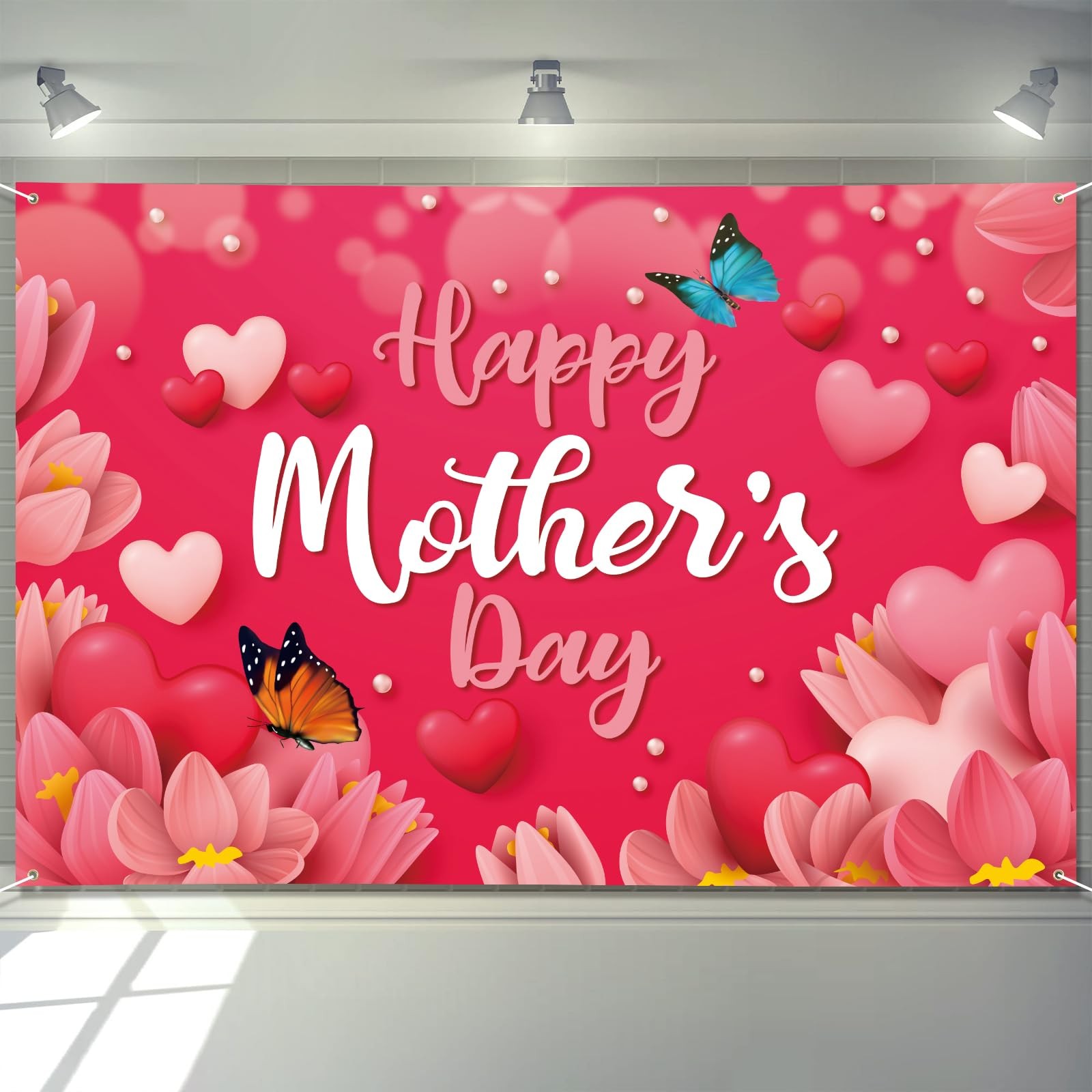 Mothers Day Banner 72″ x 48″ Decorations Happy Mother’s Day Backdrop Flowers Red