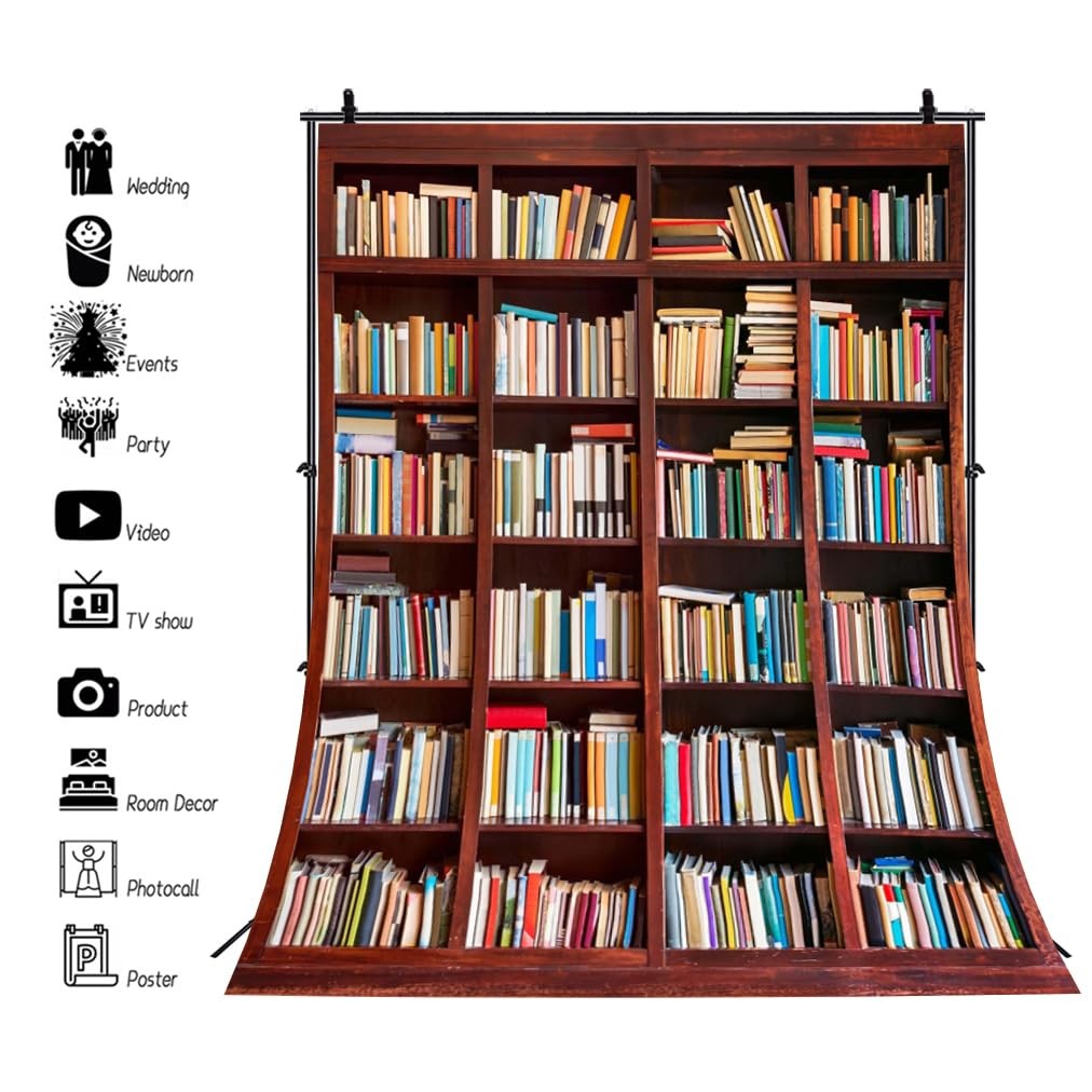 AOFOTO 3x5ft Bookshelf Background Bookcase Photography Backdrop for Video Rec…