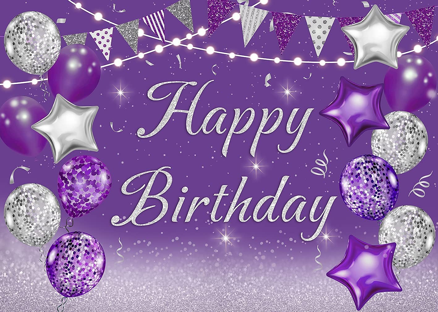 INRUI Purple Happy Birthday Photography Backdrop Silver Glitter 7x5FT, purple