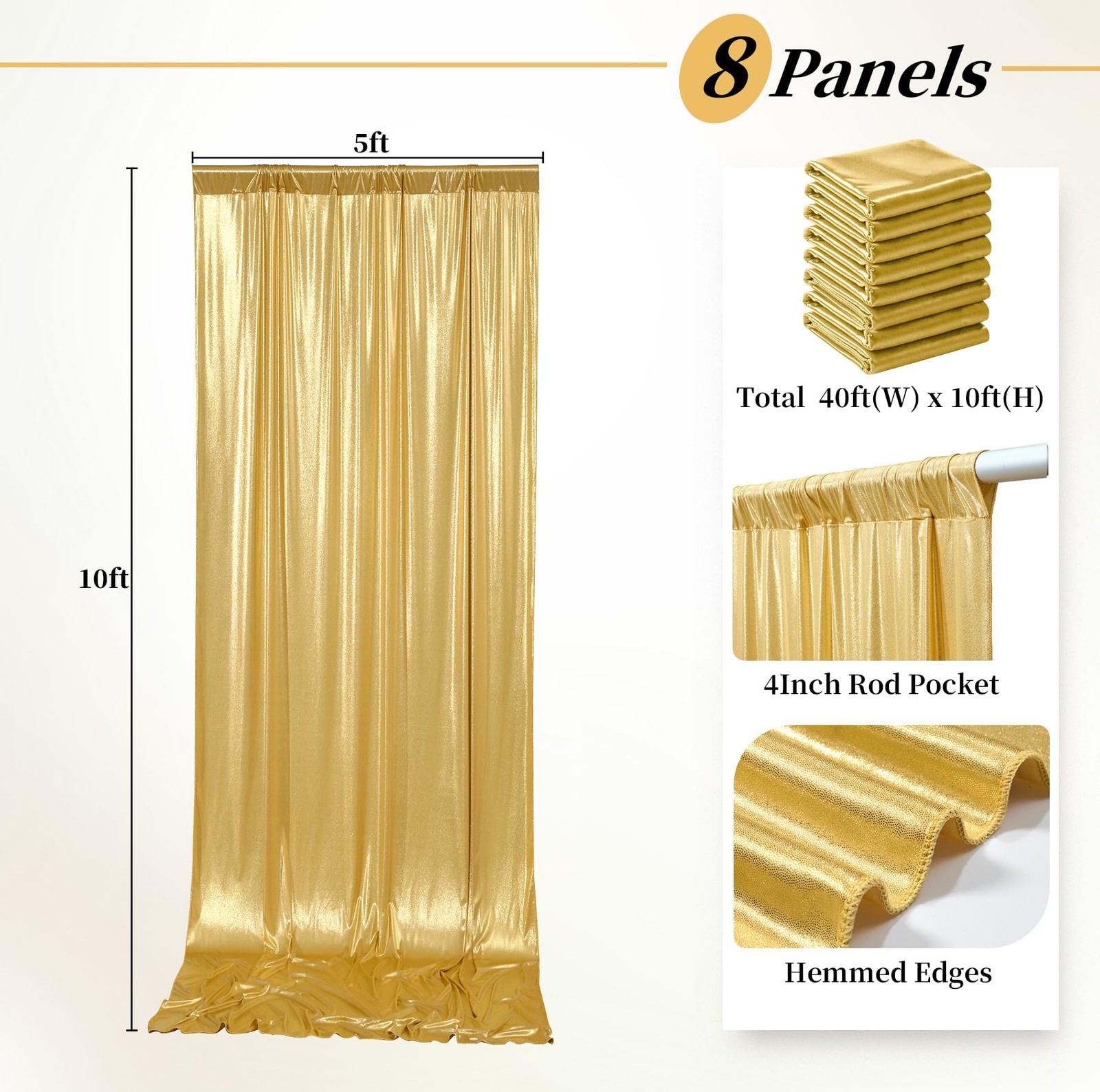 40ft x 10ft Gold Sequin Backdrop Curtain for 5’W×10’H _8 Panels,
