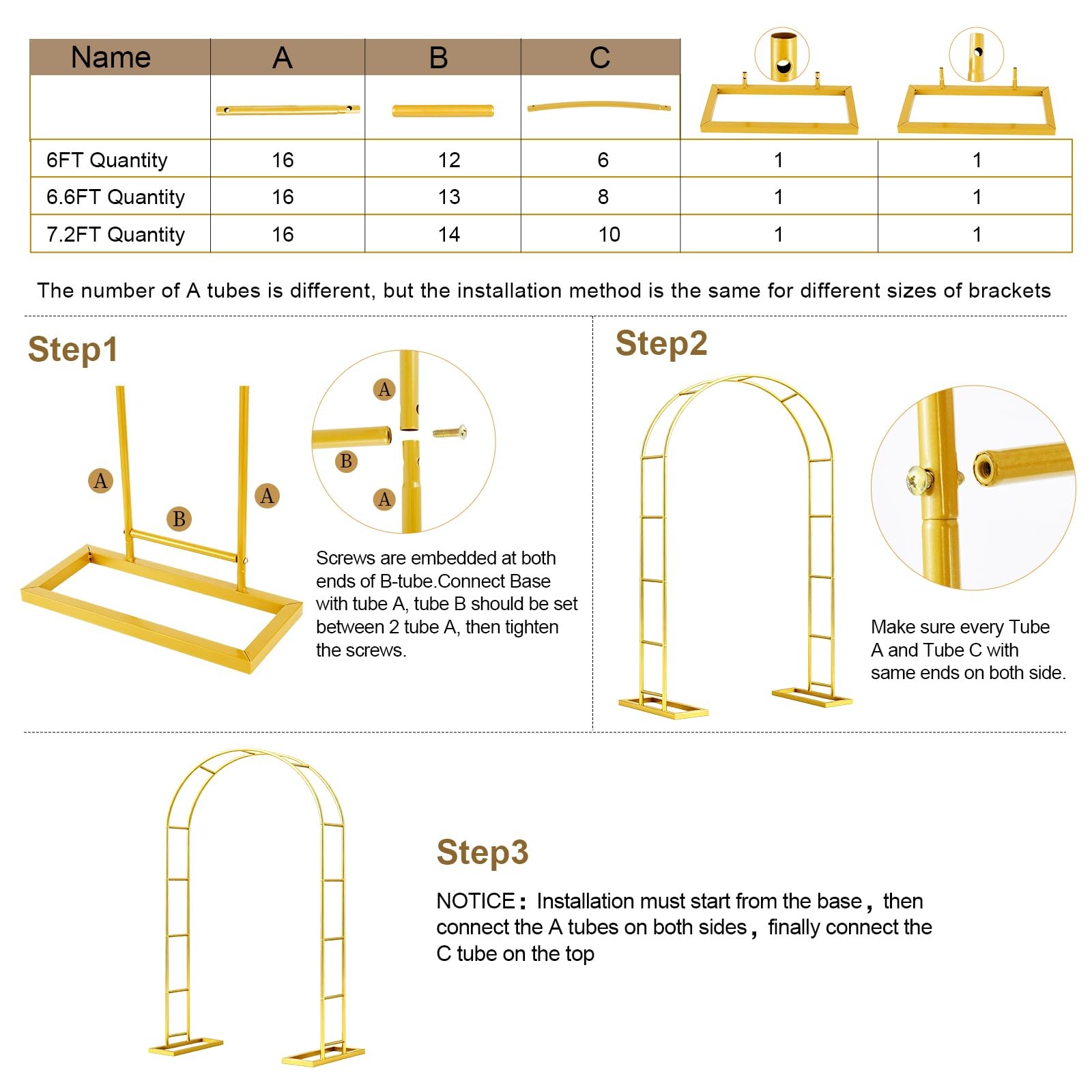 7.2FT Metal Wedding Arch Stand Gold Square Arched Backdrop Frame Metal Pergol…