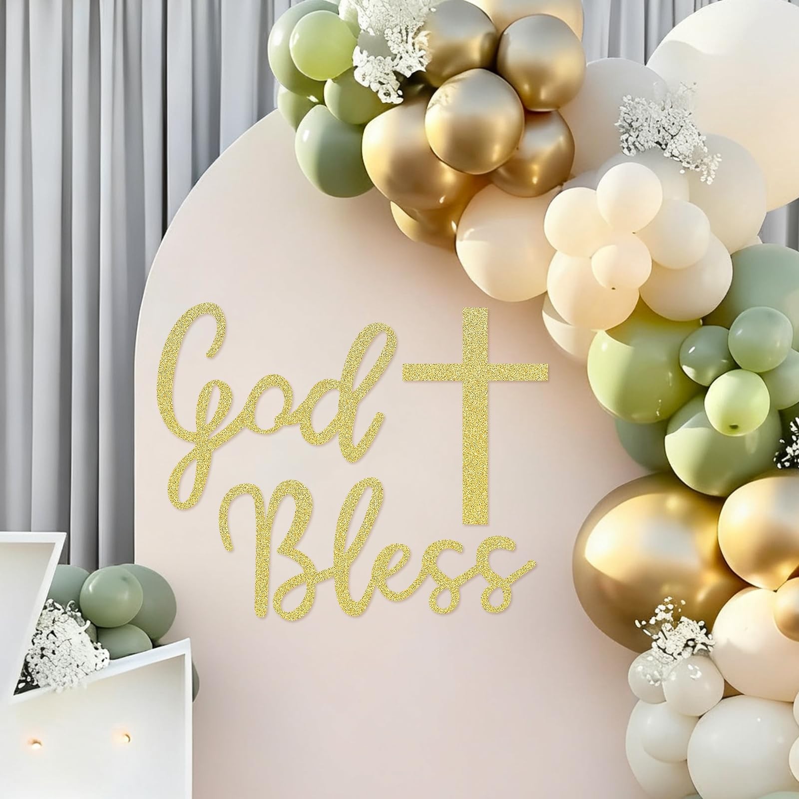 God Bless Cross Sign Backdrop Glitter Gold Felt Baptism Party First Communion