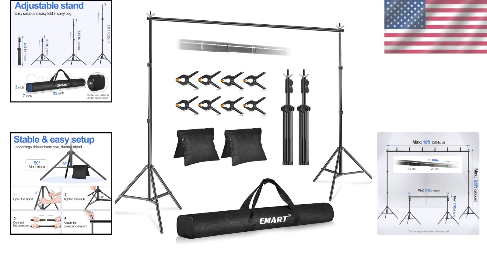 Portable Black Backdrop Stand with Accessories