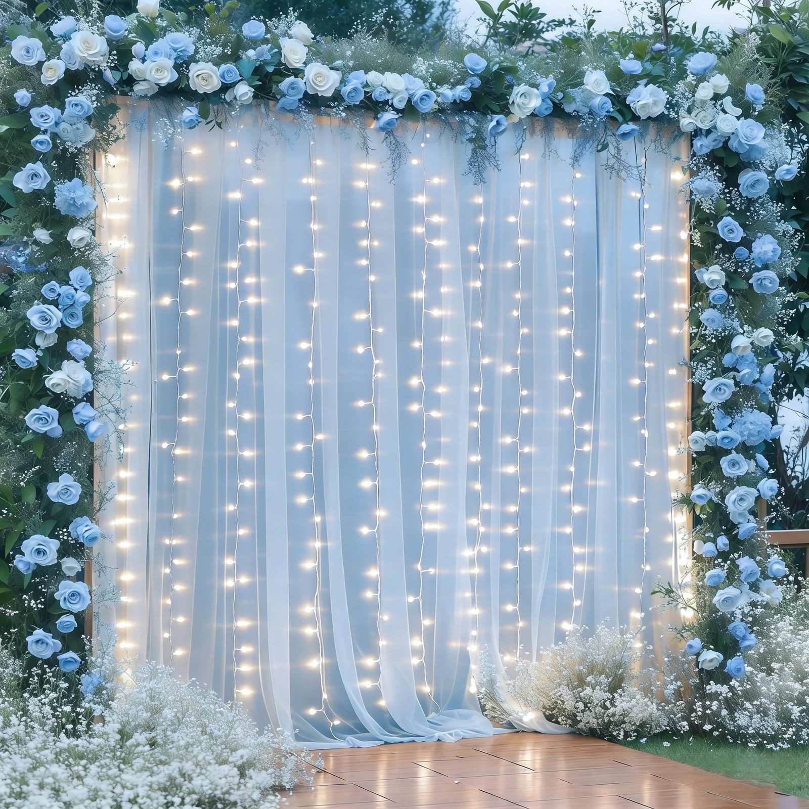 10×10ft Blue Tulle Backdrop Curtain with Lights String for Parties, Sheer Pho…