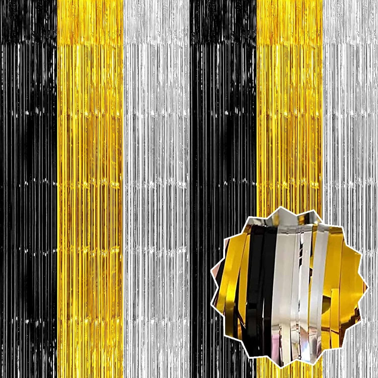Black Gold Silver Foil Fringe Curtains 3.28×9.8ft Tinsel Backdrop 3 Pack