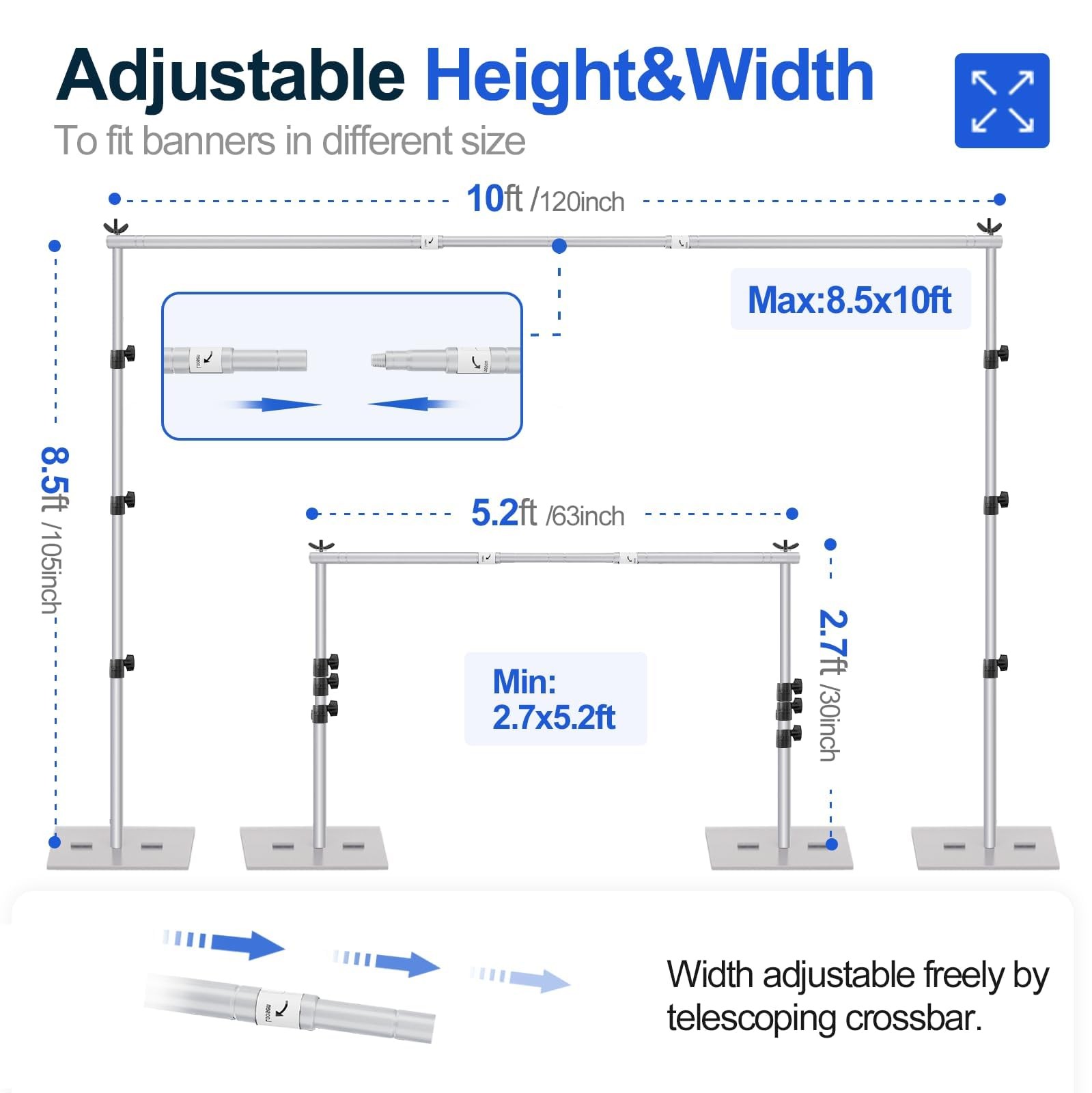 Backdrop Stand, 8.5x10ft Width Adjustable Photography Background Support Pole…