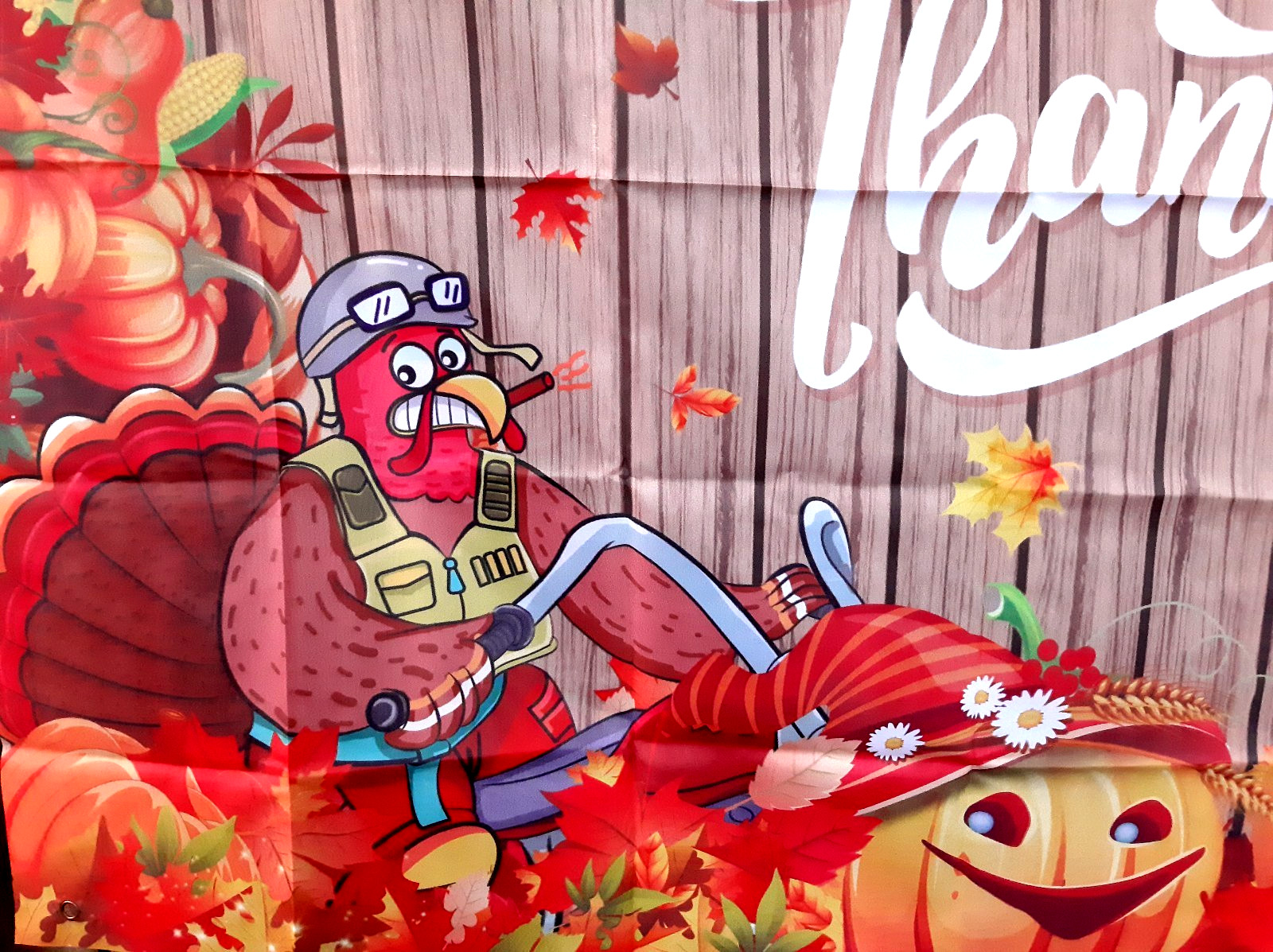 3.5 ft x 7 ft HAPPY THANKSGIVING Funny Turkey, Barnwood Lights Backdrop Banner