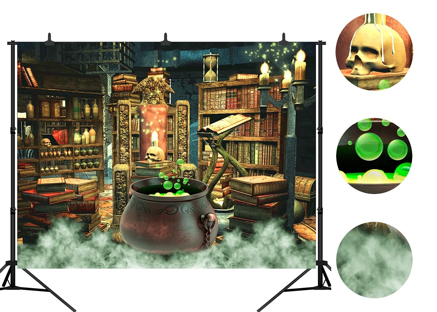 Halloween Photography Backdrop Witch Magic Cauldron Bookshelf in Spooky Room …