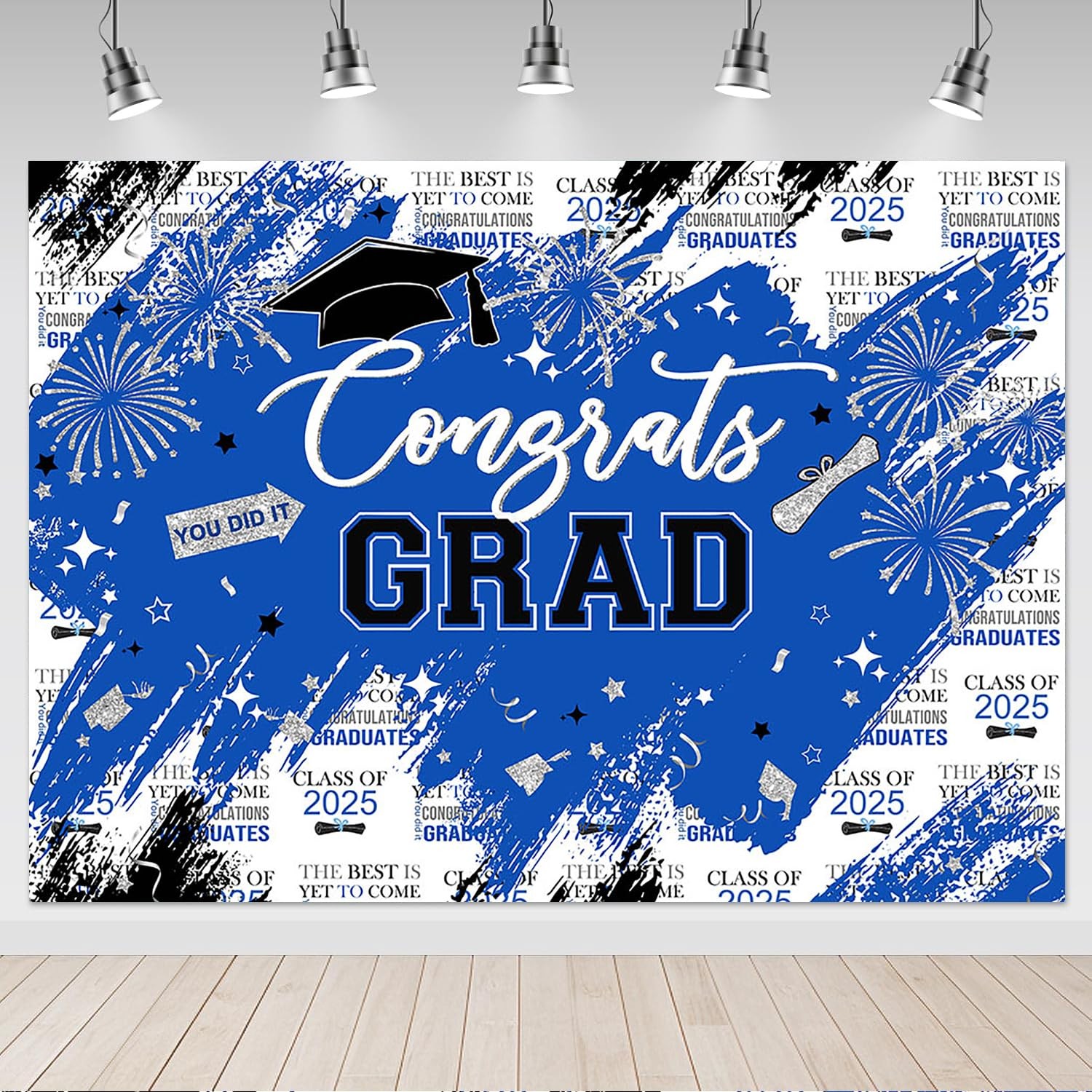 8x6ft Graduation Backdrop, Class of 2025, Blue, Silver, Congrats Grad, Party
