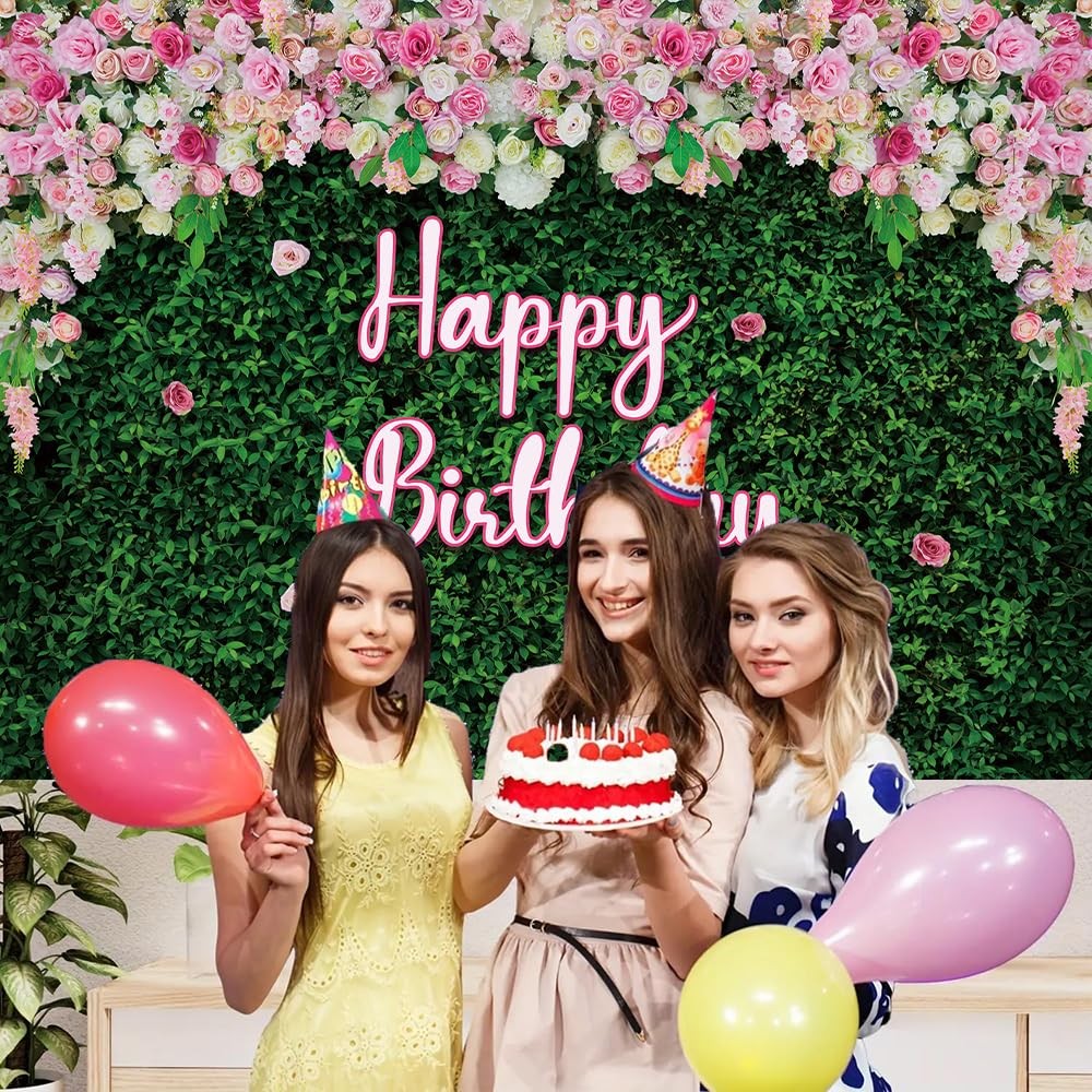 7x5ft Green Leaves Pink Rose Floral Wall Girl Birthday Photo Backdrop