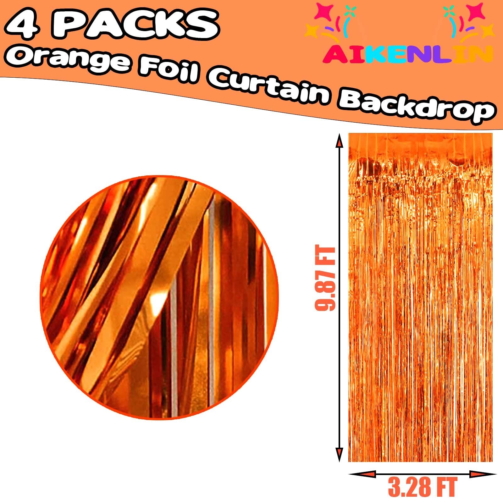 4 Pack Orange Foil Fringe Curtain Backdrop 3.2Ft x 9.8Ft Party Streamer Prop