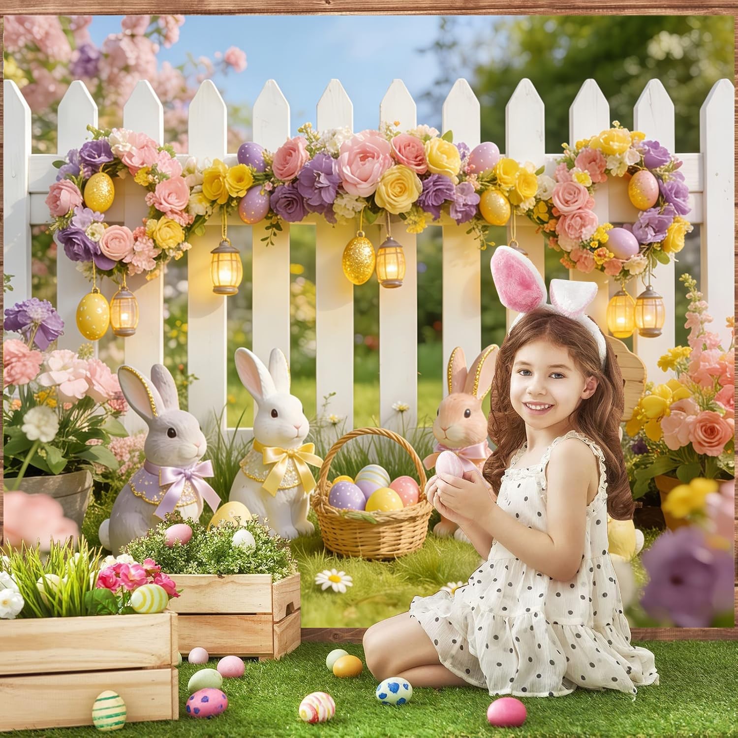 10x8ft Easter Backdrop Glitter Fence Flower Spring Garden Backdrops for Photo…