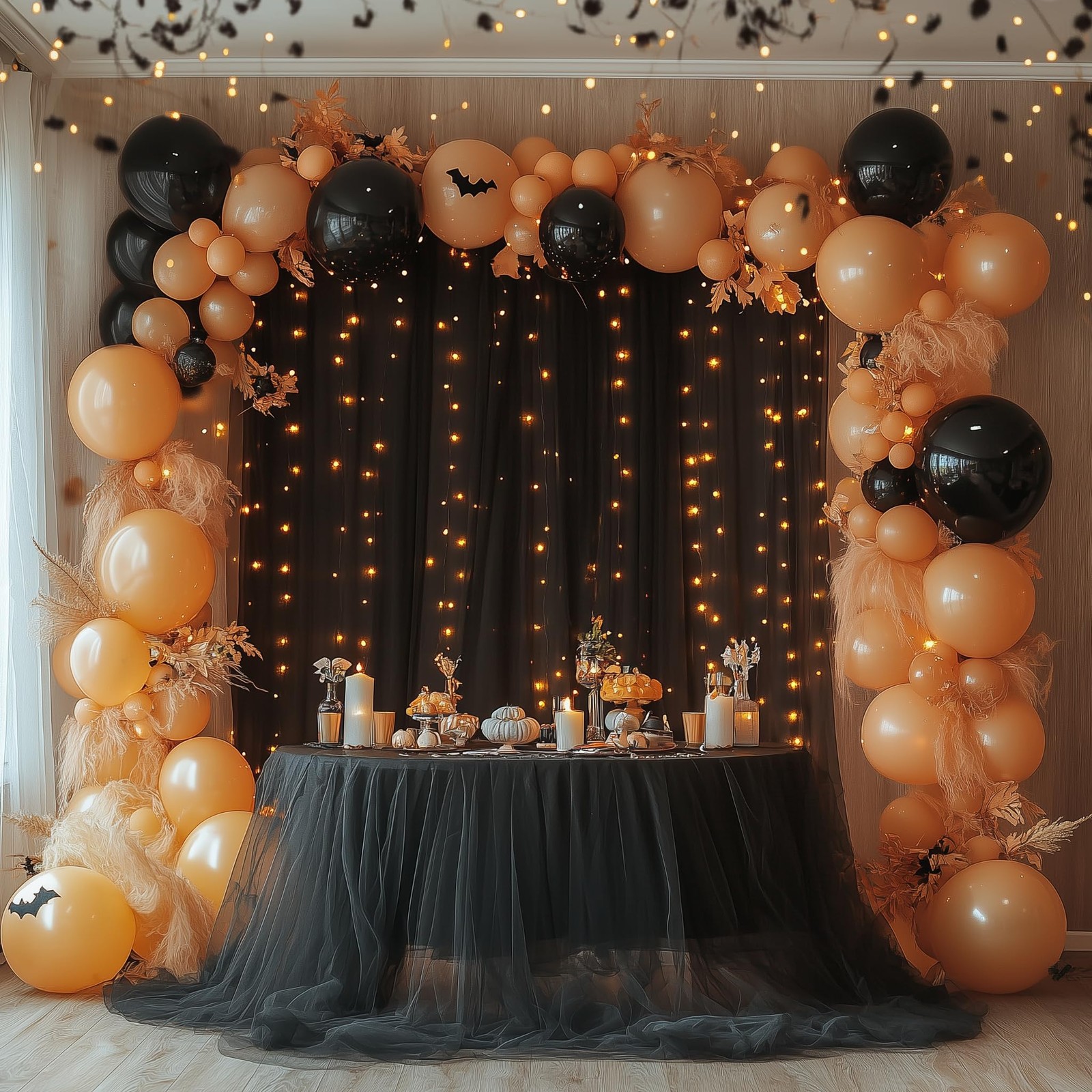 2 Panels 5×10 Ft Black Sheer Tulle Backdrop Curtain String Lights 10×10 Ft Set