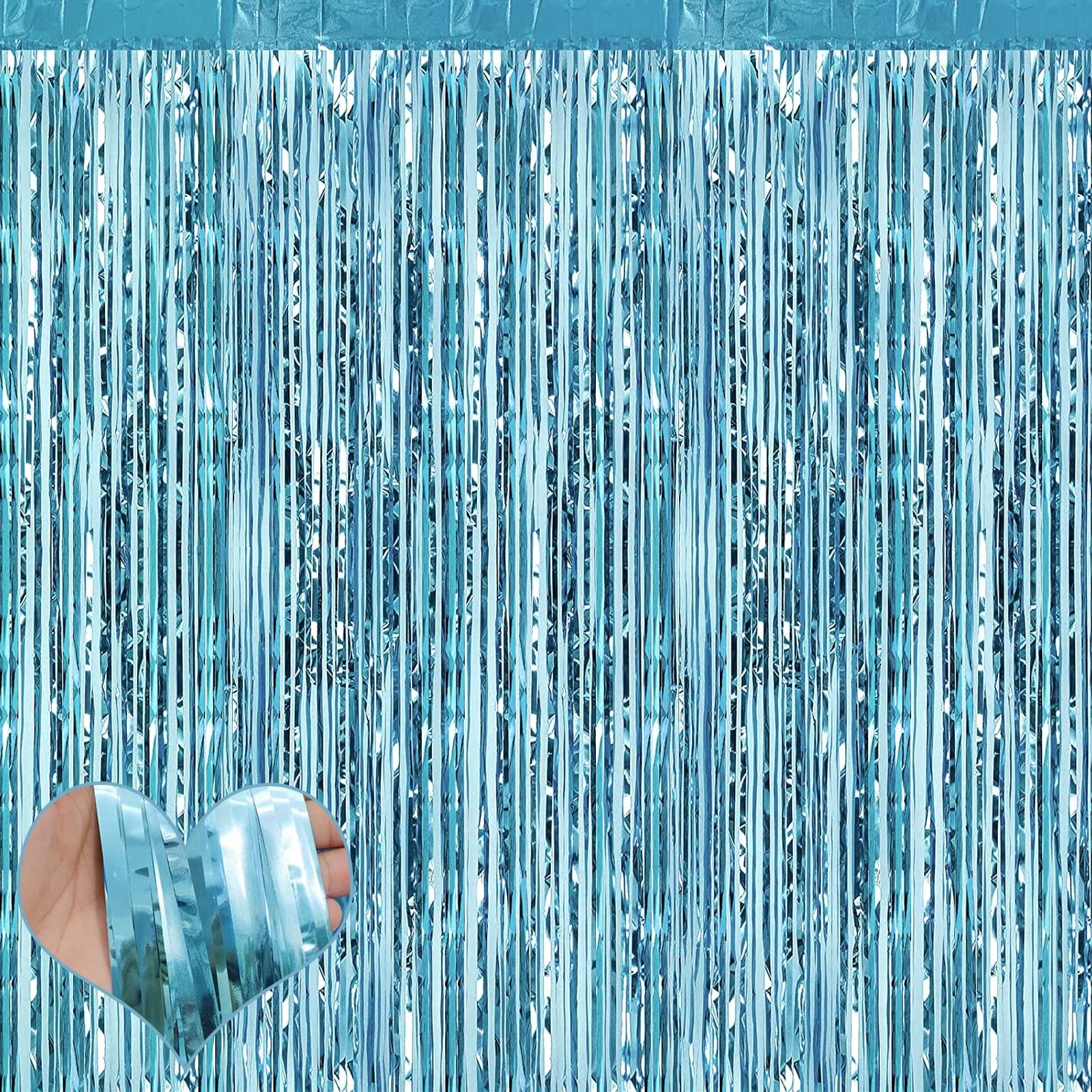 Light Blue Foil Fringe Curtain Backdrop Metallic Streamers 3.2×6.6 4 PCS