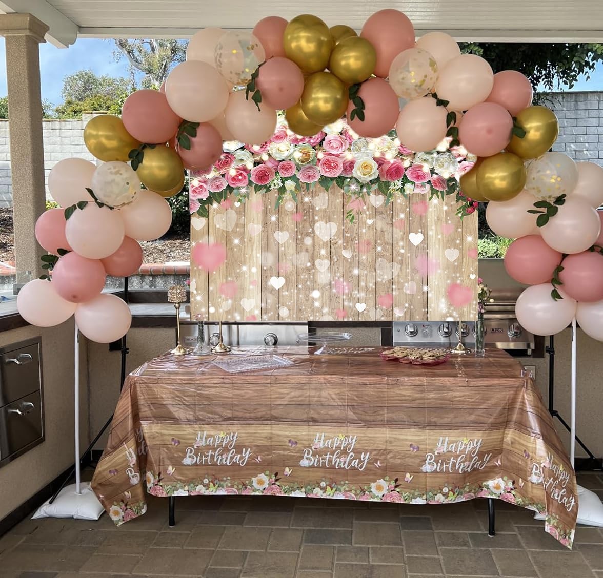 Romantic Pink Rose Flower Backdrop 7x5FT Floral Hearts Wooden Wall Background fo