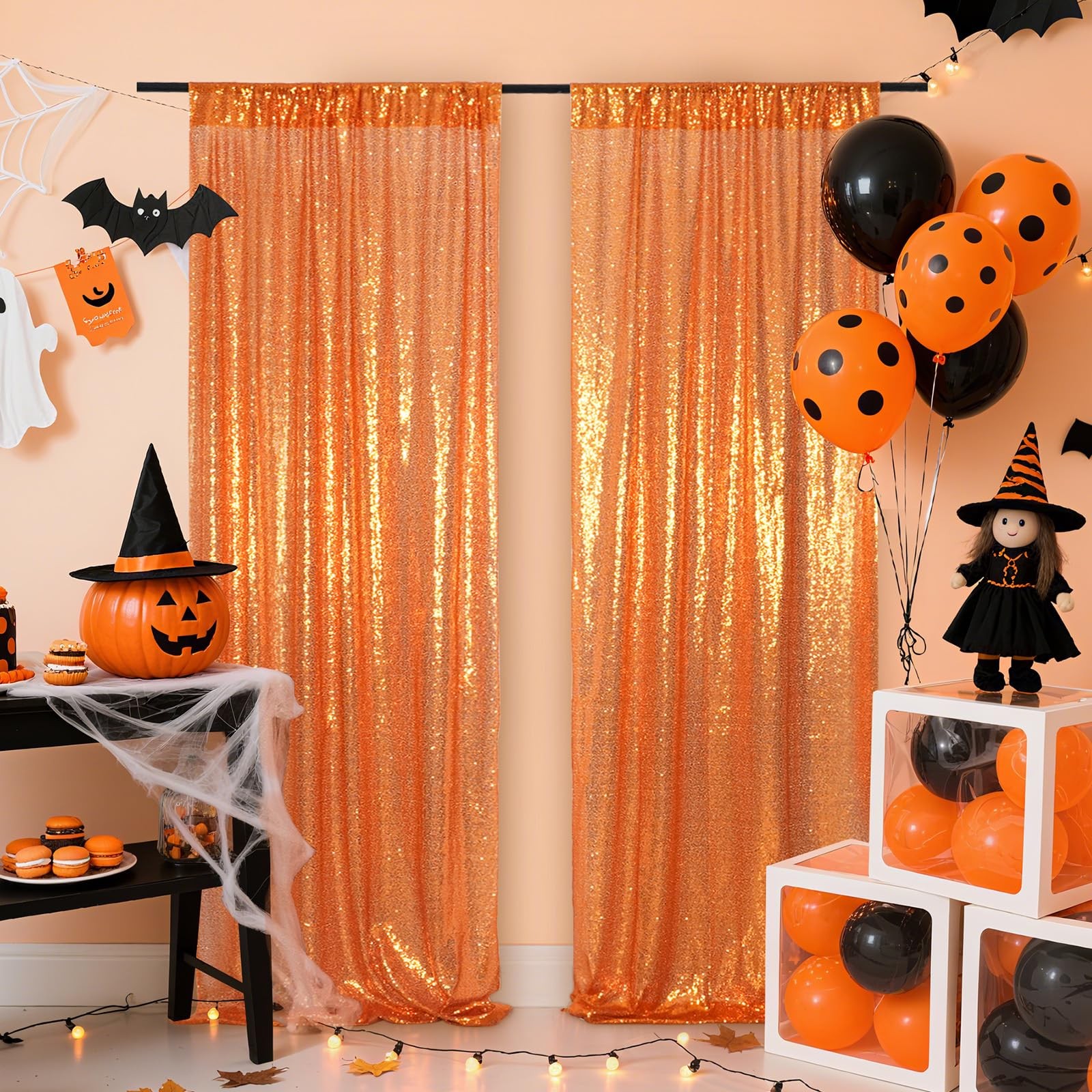 2 PCS 2×8 Ft Orange Sequin Backdrop Curtain Glitter Panel Wedding Party