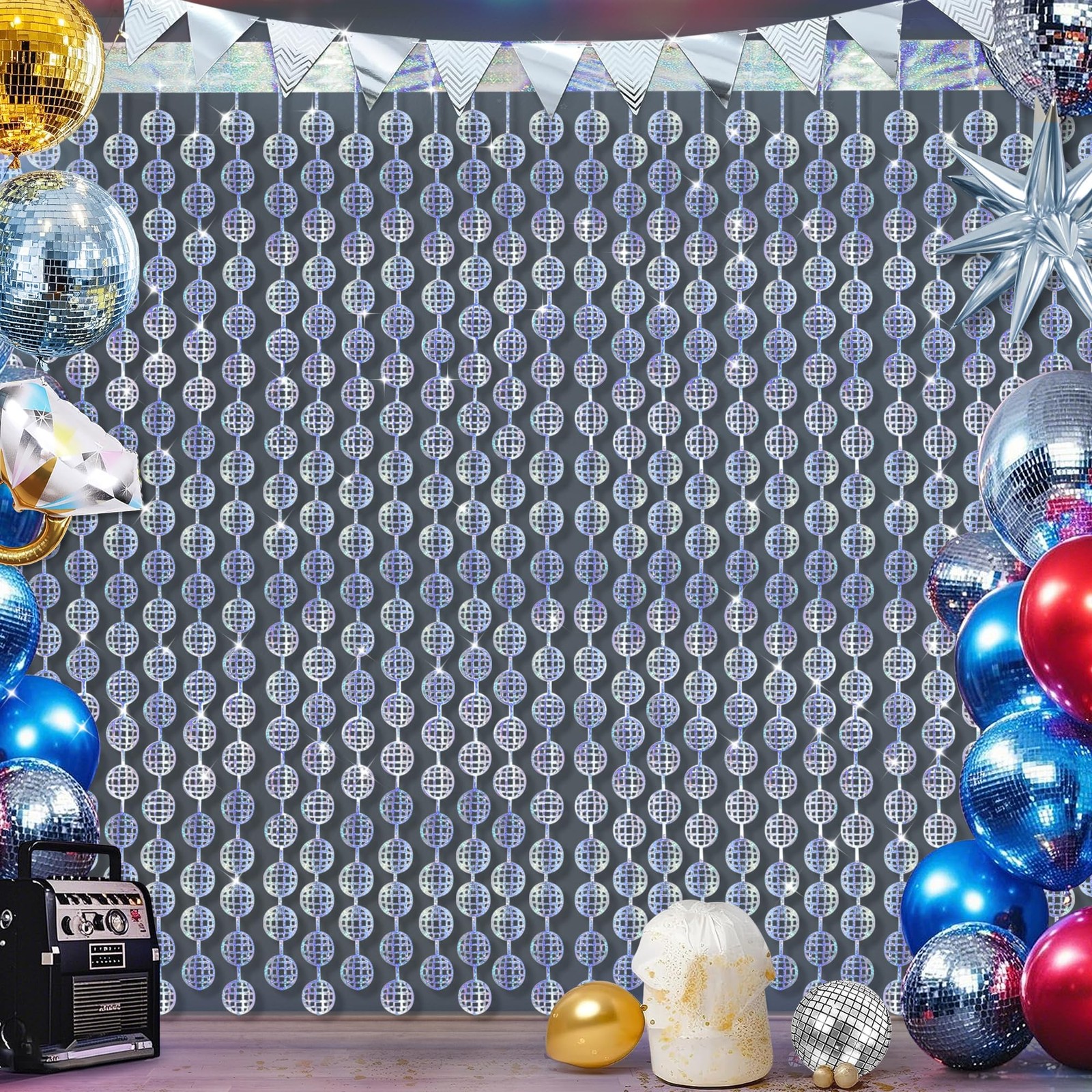 Disco Ball Foil Fringe Curtains 3 Pack Silver Tinsel Backdrop for 70s Party