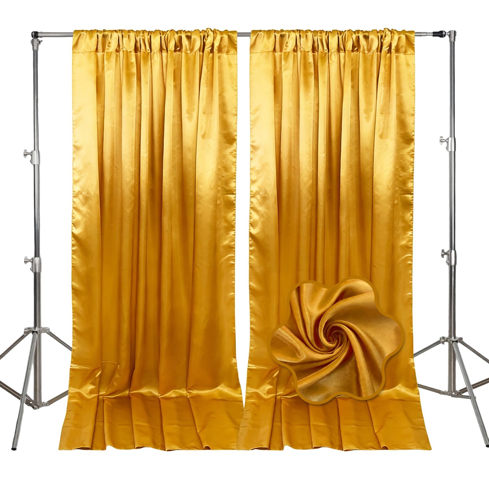 Gold Backdrop Curtains 2 Panels 5x10FT Satin Fabric Rod Pocket 10x10FT