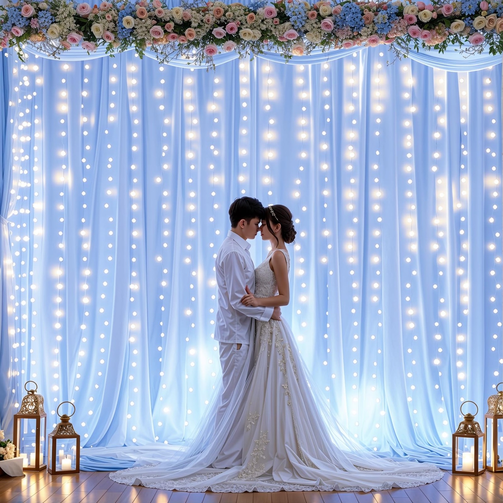 10ft x 10ft Baby Blue Chiffon Backdrop Curtain with Lights String for Parties…