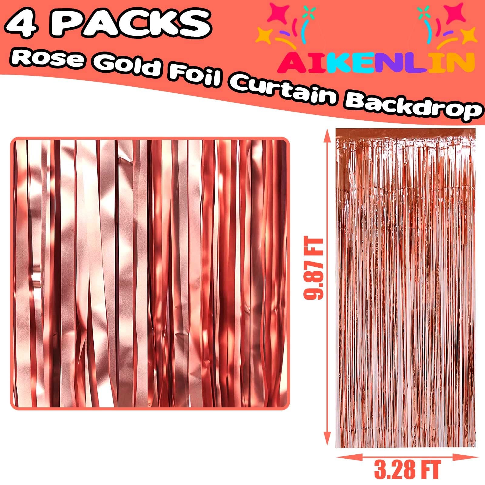 4 PCS 3.2×9.8 FT Rose Gold Foil Fringe Curtain Backdrop Metallic Streamers