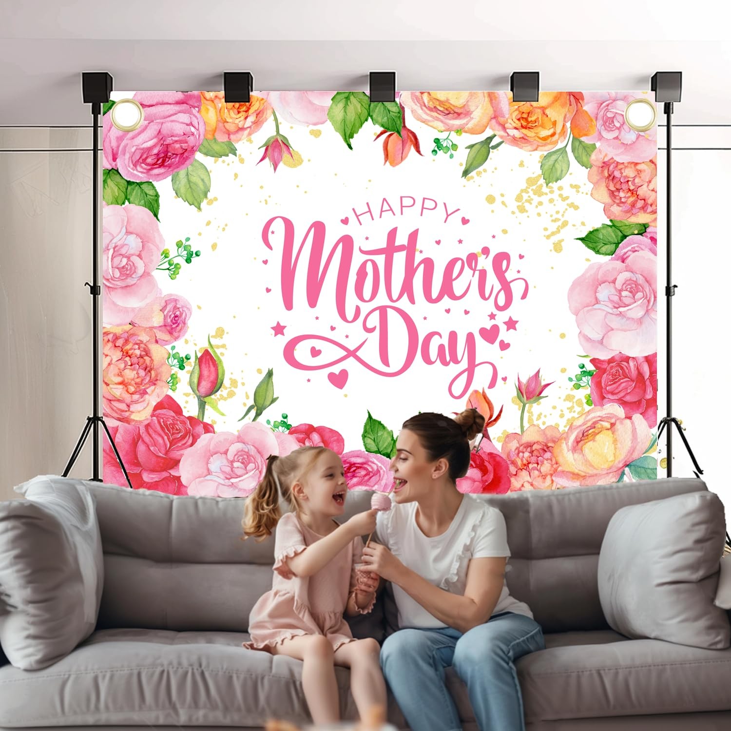 Ouksma 7x5ft Elegant Floral Happy Mother’s 4’9″ x 6’11”, Pink Yellow Flower