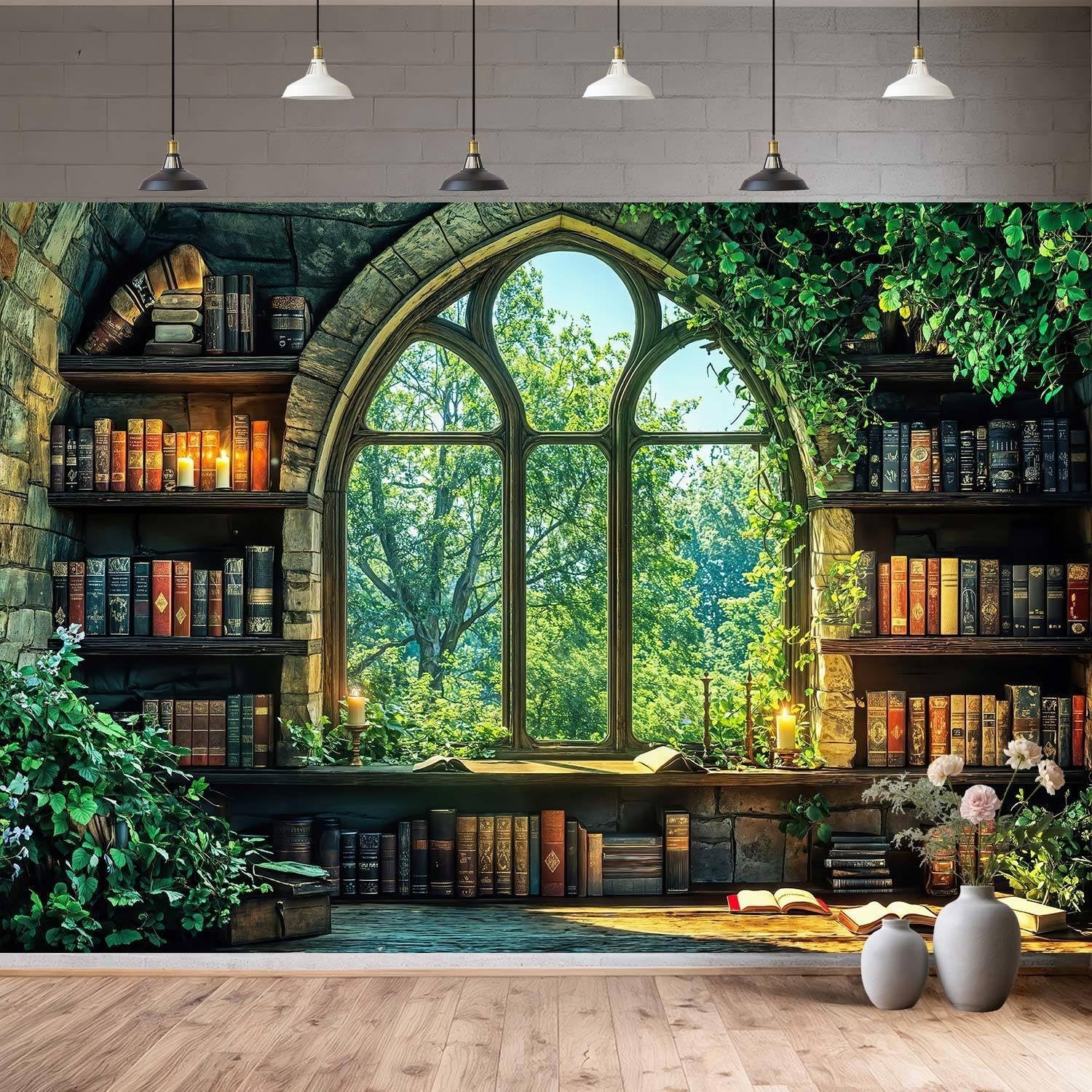 Vintage Forest Bookshelf Backdrop 10x8ft – Retro Green Library Photography Prop