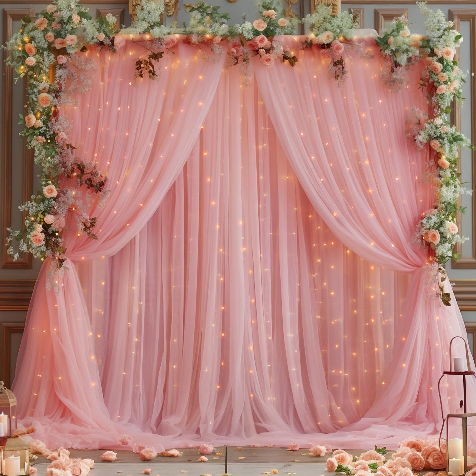 10ft x 10ft Dusty Rose Backdrop Curtain with Lights String for Parties, Sheer…