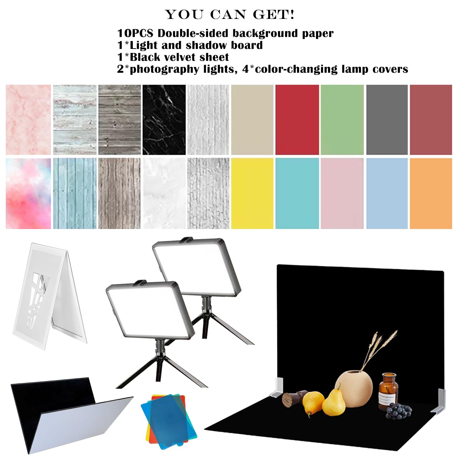 14PCS Black Velvet Flocked Product Photography Backdrops Board with 2PCS LED …