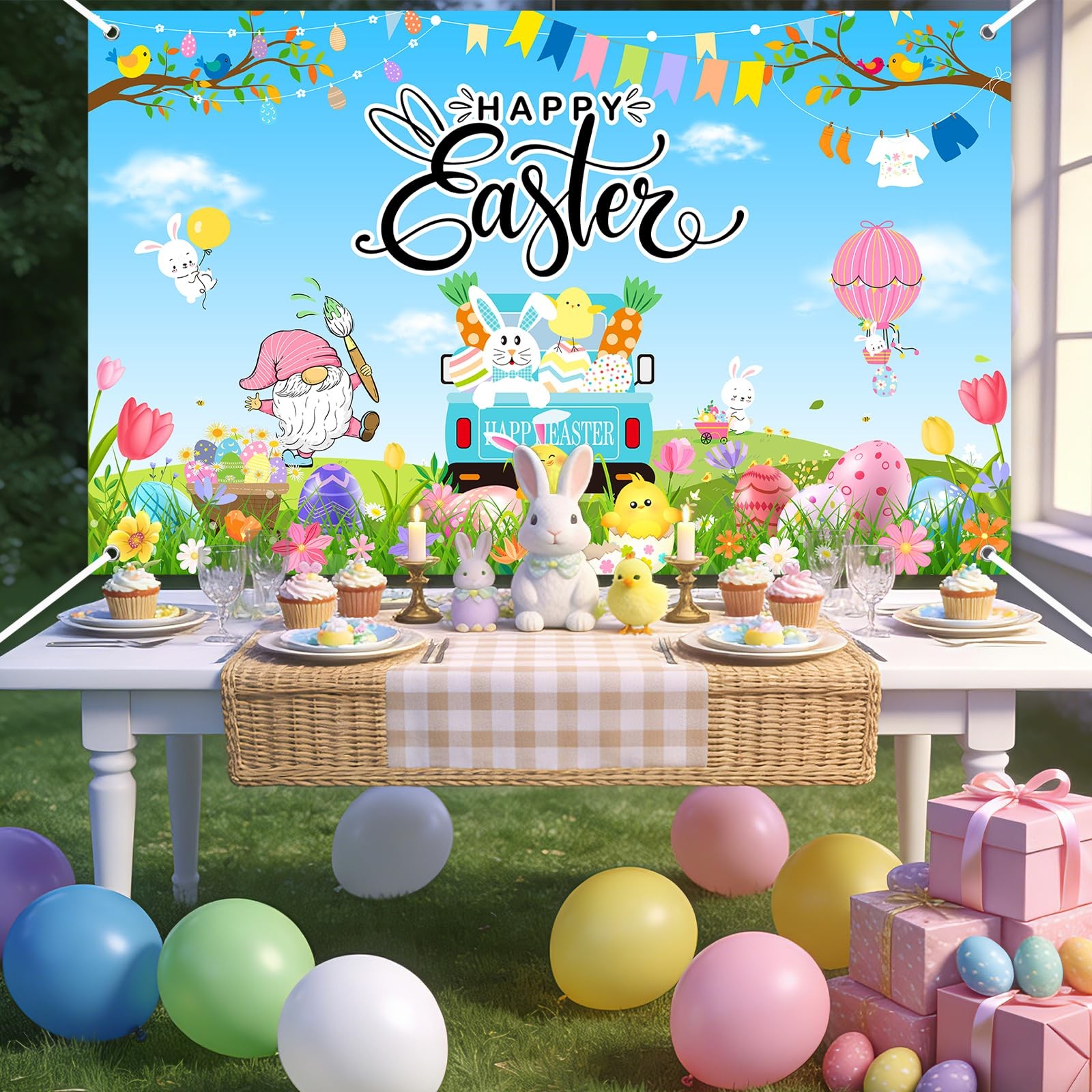 Mocsicka Happy Easter Banner Backdrop Colorful Bunny Eggs 6×3.6ft, Multi