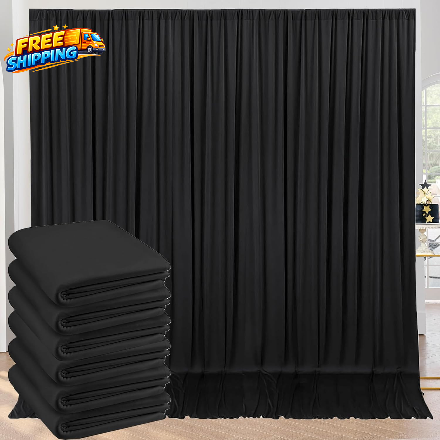 30Ft X 10Ft Wrinkle Free Black Backdrop Curtain for Parties 6 Panels 5X10Ft