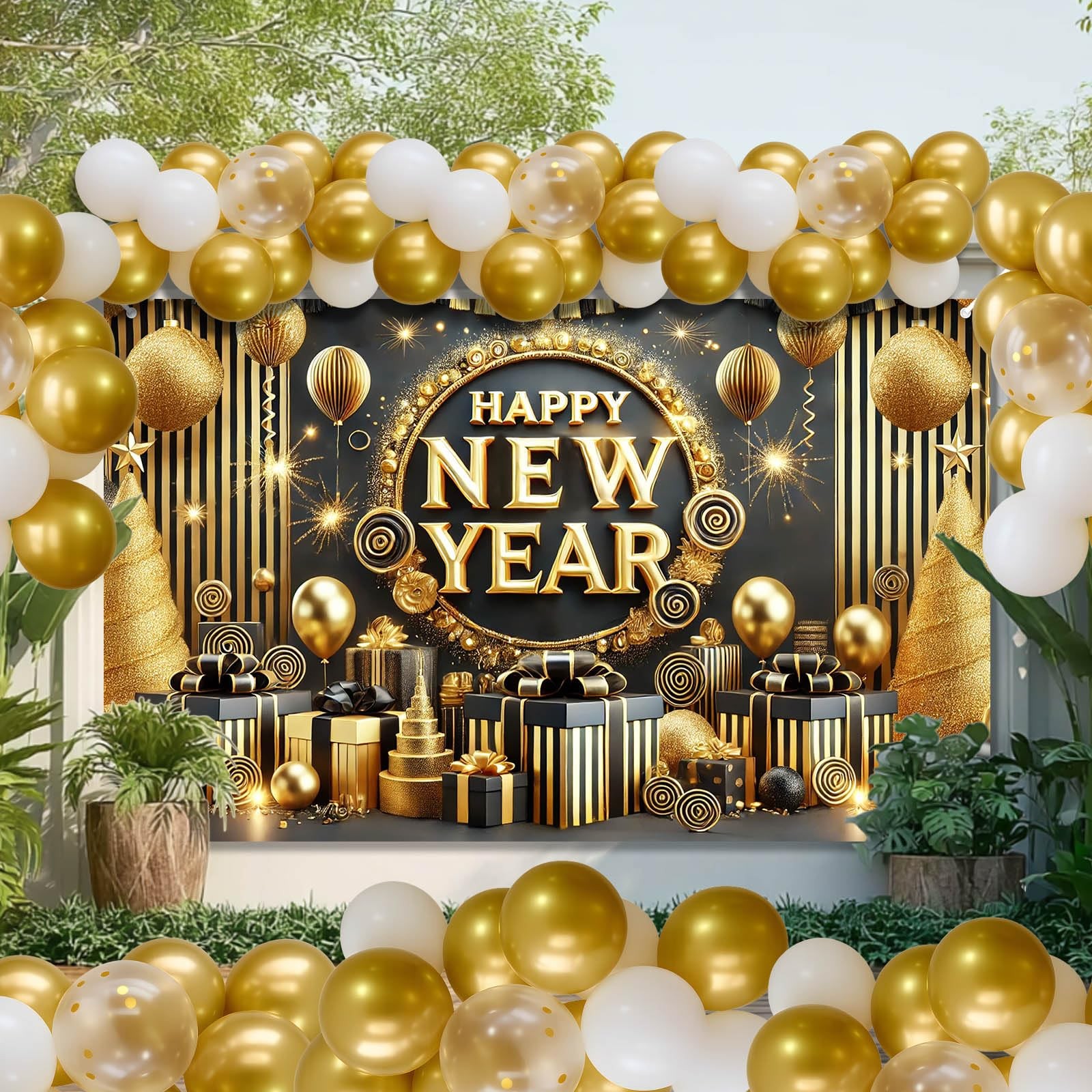 Black Gold Happy New Year Backdrop Luxury Fireworks Celebration Background