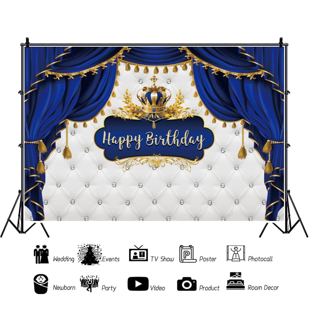 10x8ft Royal Prince Birthday Backdrop Royal Blue and Gold Little Prince Crown…