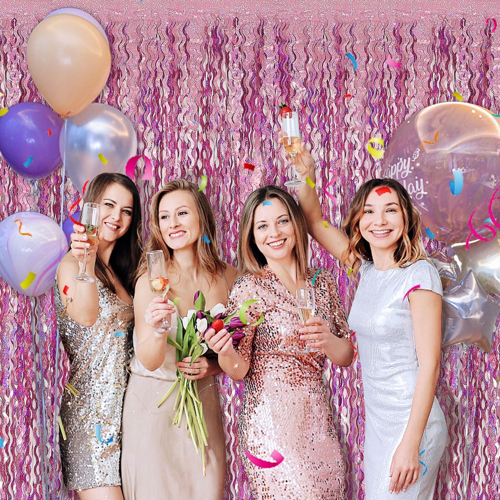 Pink Streamers Fringe Backdrop Party Decorations Tinsel Foil 2 Pack,