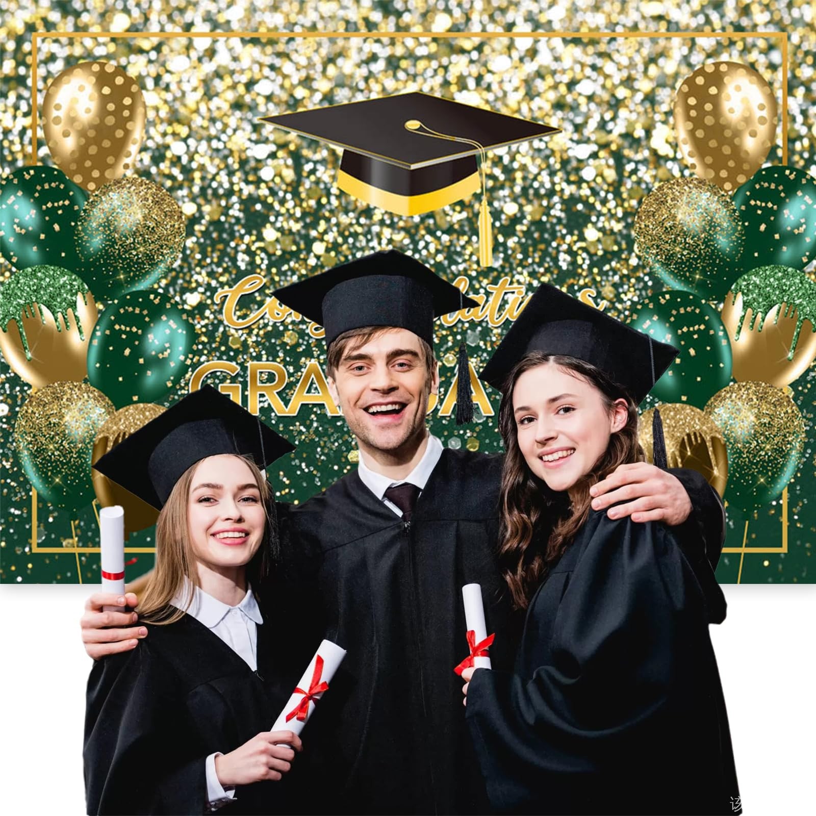 7x5ft Green, Gold Glitter Graduation Backdrop, Class of 2025, Congrats Grad