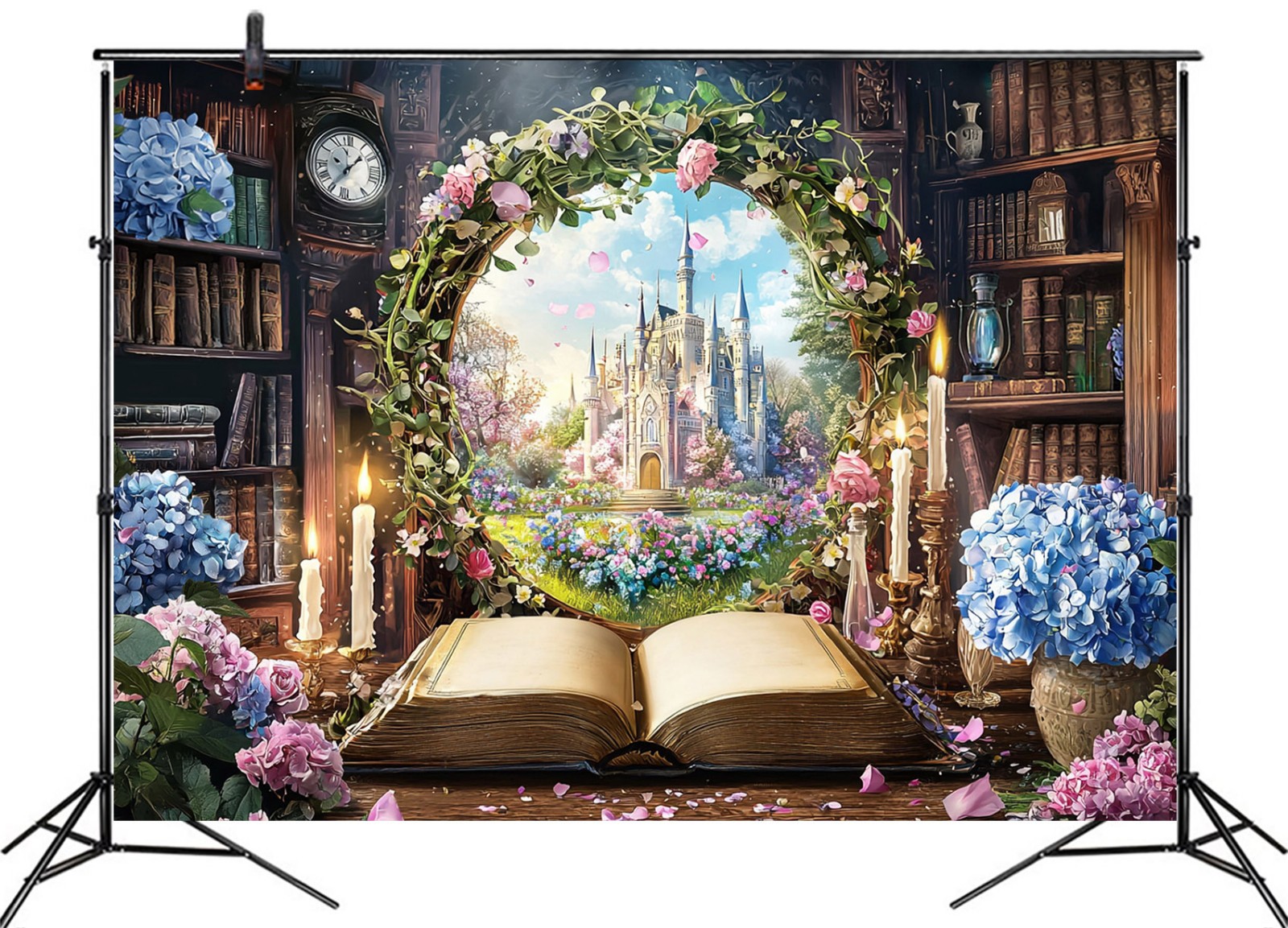 10x8ft Blue Floral Fairy Woodland Library Castle Vinyl Backdrop Photo Background