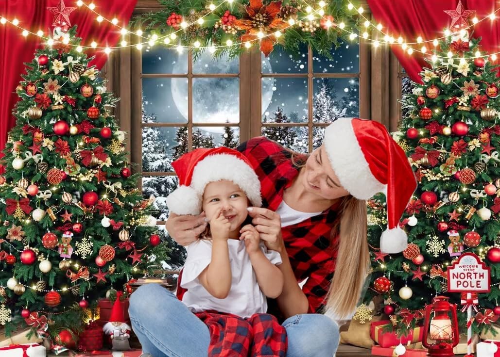 7x5FT Christmas Backdrop Red Xmas Tree Snow Holiday Party Banner