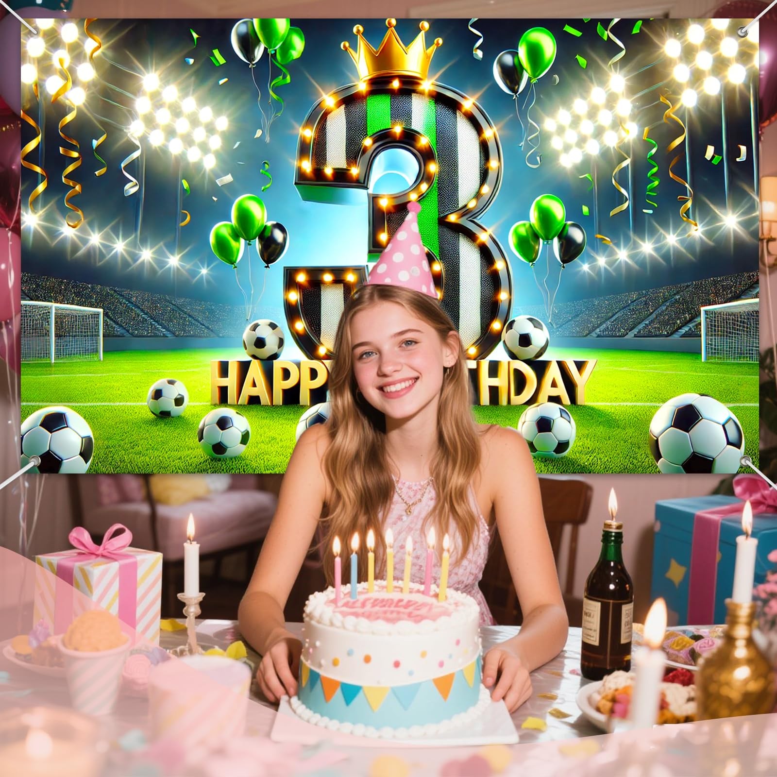 Soccer 3rd Birthday Backdrop Banner 71×43 Inch Black Green White Crown Stadiu…