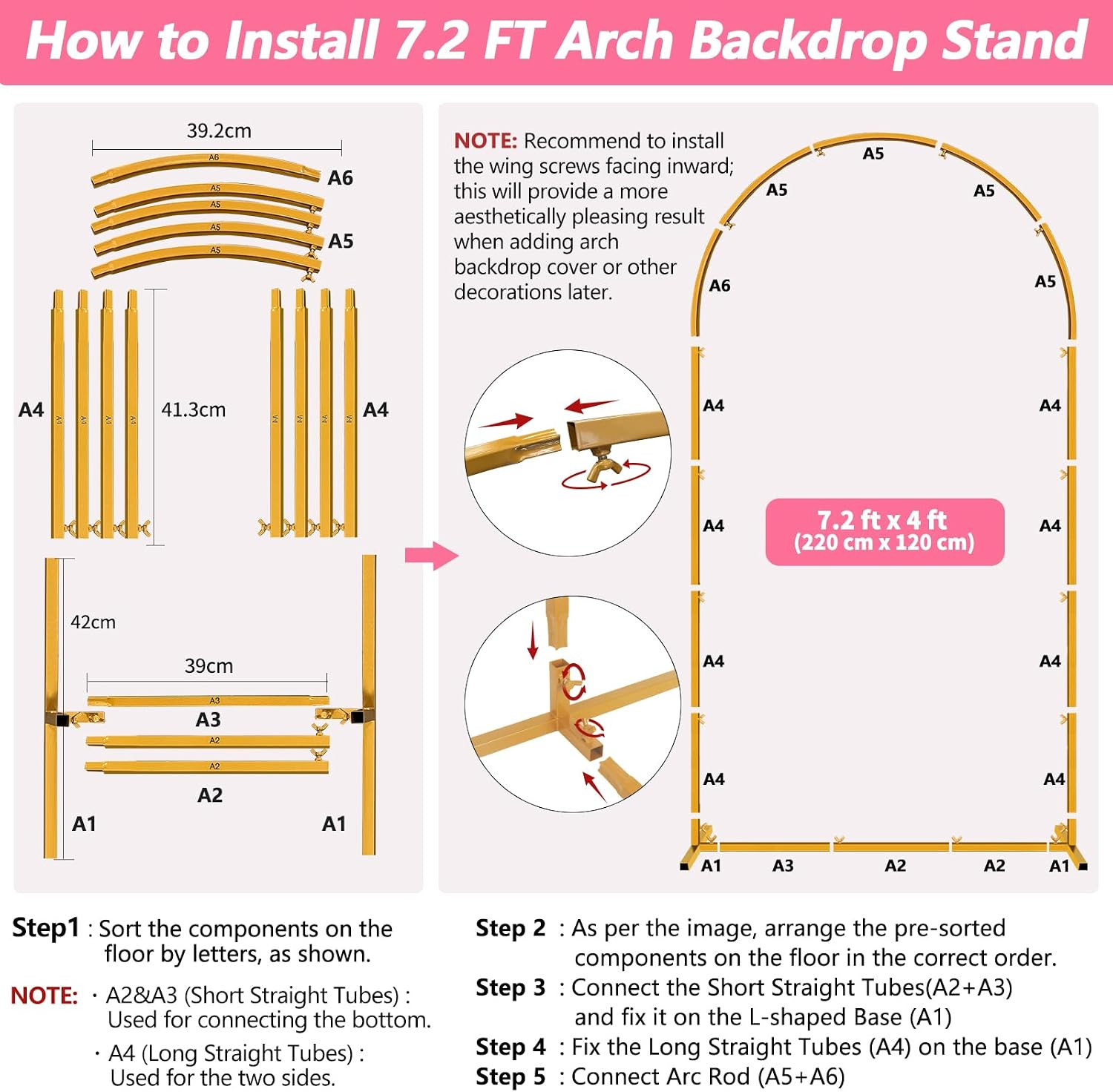 Metal Arch Backdrop Stand, 7.2FT+6FT Wedding Arches Frame, Gold Wedding Arch Bac