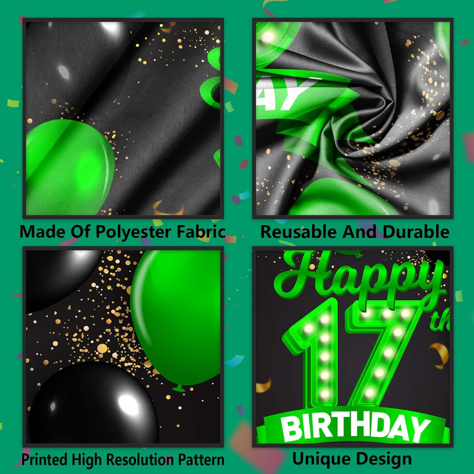 Happy 17th Birthday Green and Black Banner Backdrop Cheers to 17 17, Multi