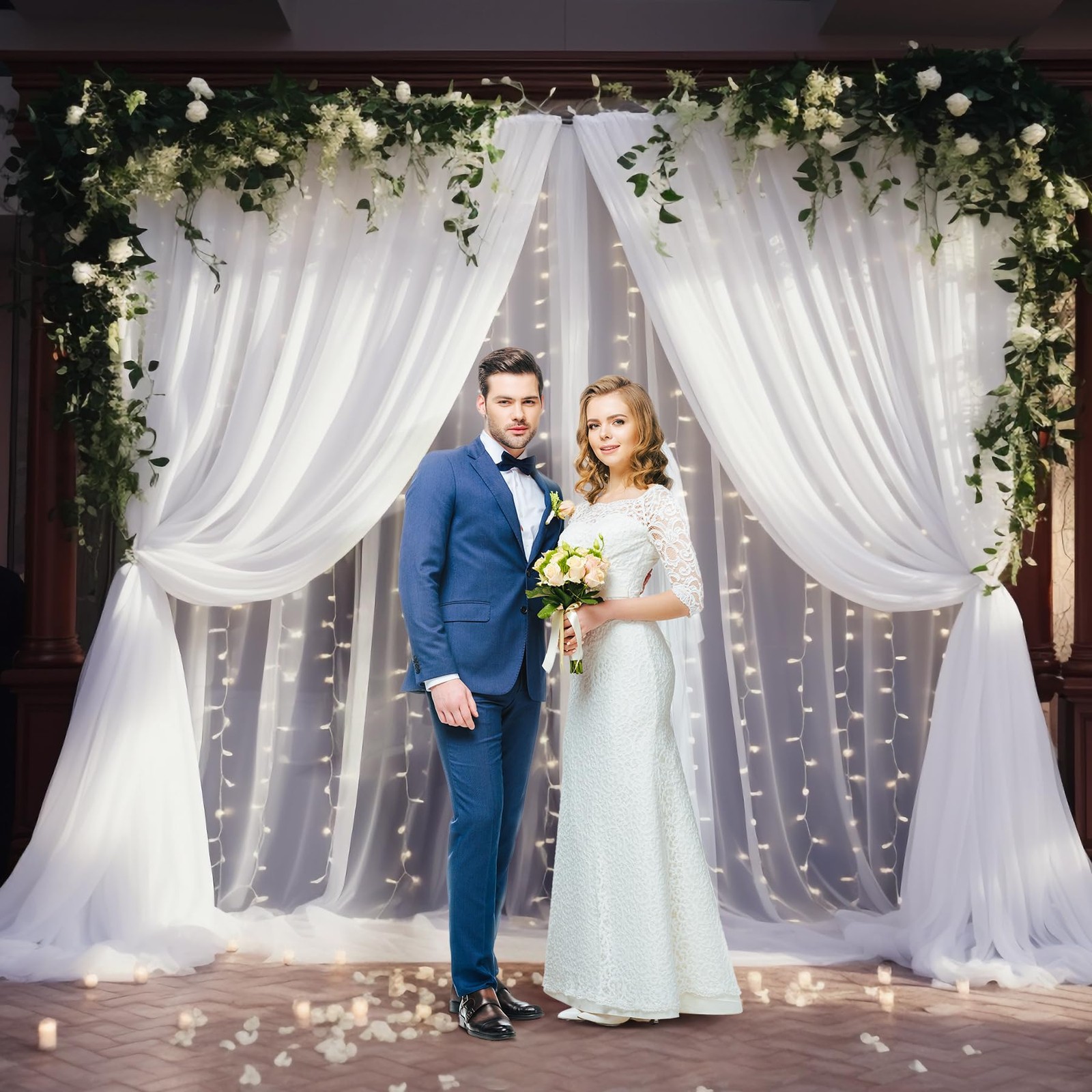 30×10ft White Tulle Backdrop Curtain with Lights String for Parties, Sheer Ph…