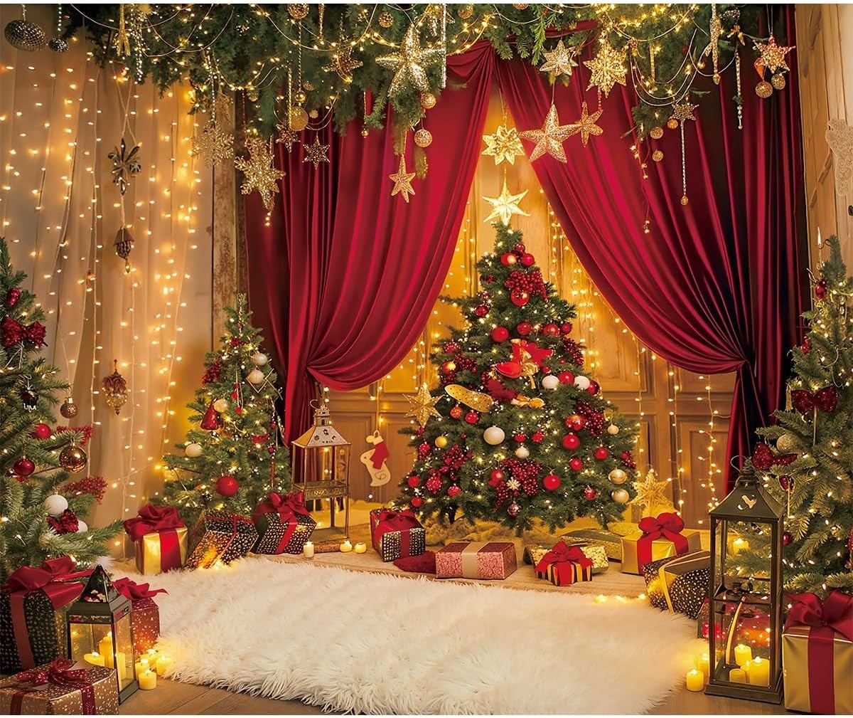 Lsseauto 10x8ft Christmas Backdrop – Light Strings, Gifts Piles, Candles and …