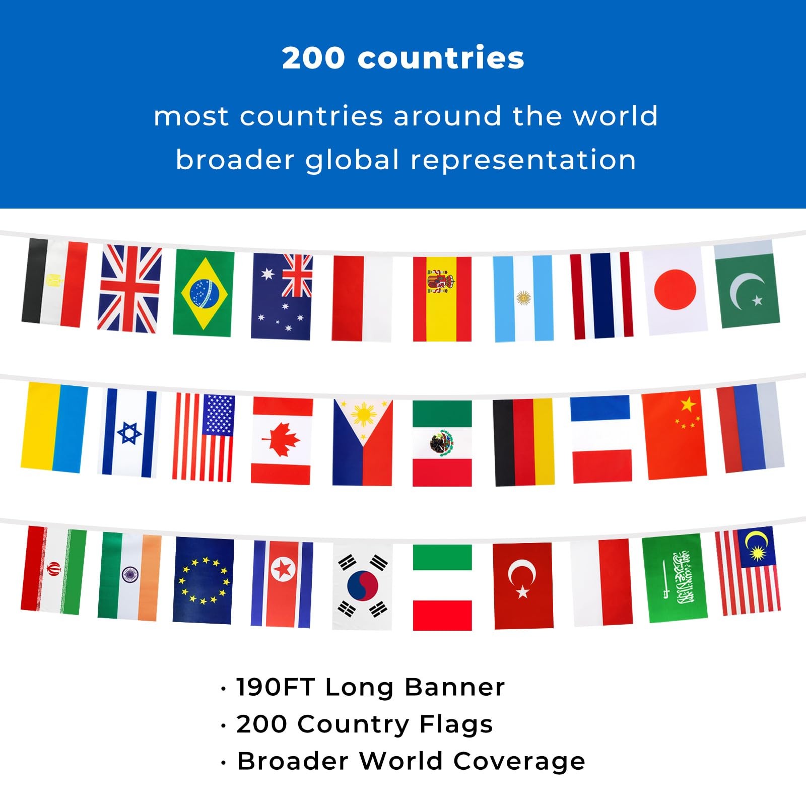 200 Country Flags Banner 190ft, Pre-Strung Reusable Polyester Flags of the Wo…