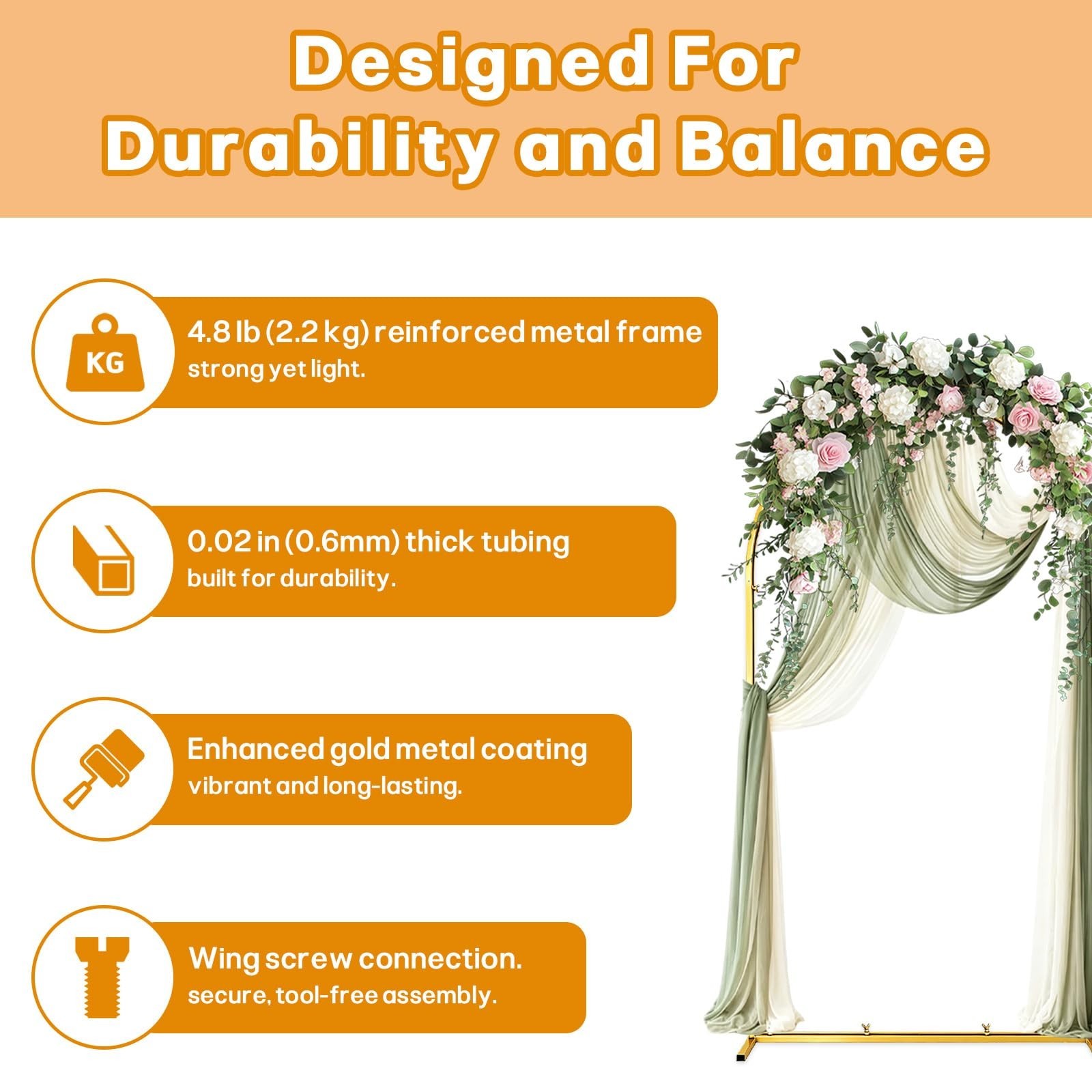 7.2ft Gold Metal Arch Backdrop Stand | Wedding, Baby Shower, Birthday Decor, Pho