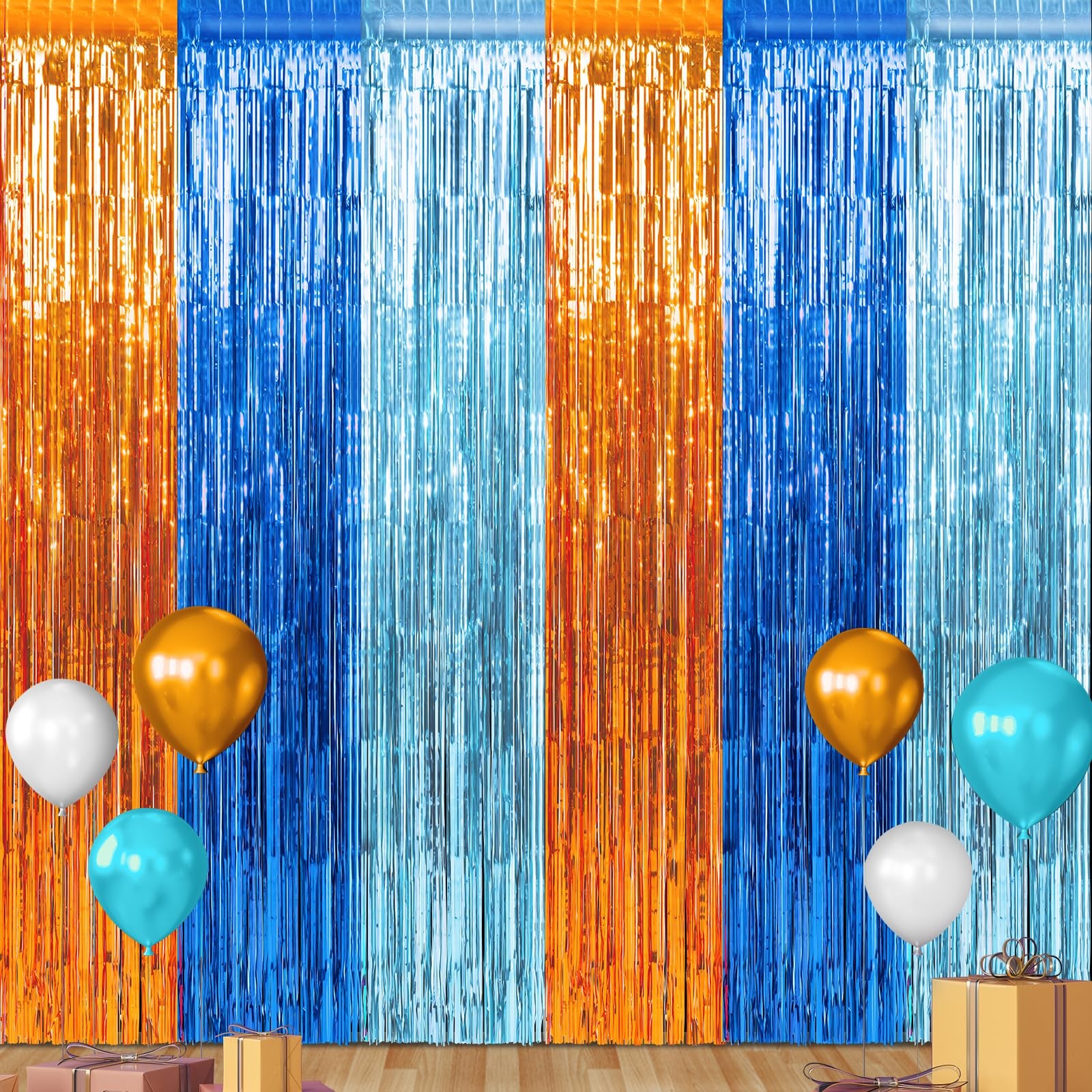 3 Pack 3.3×6.6Ft Blue Dog Foil Fringe Curtains, Orange, Light Blue Tinsel